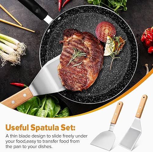 Miniatura 2 de Juego de espátulas de metal, espátulas de plancha para pescado, espátula de acero inoxidable con mango de madera, espátulas con bordes biselados