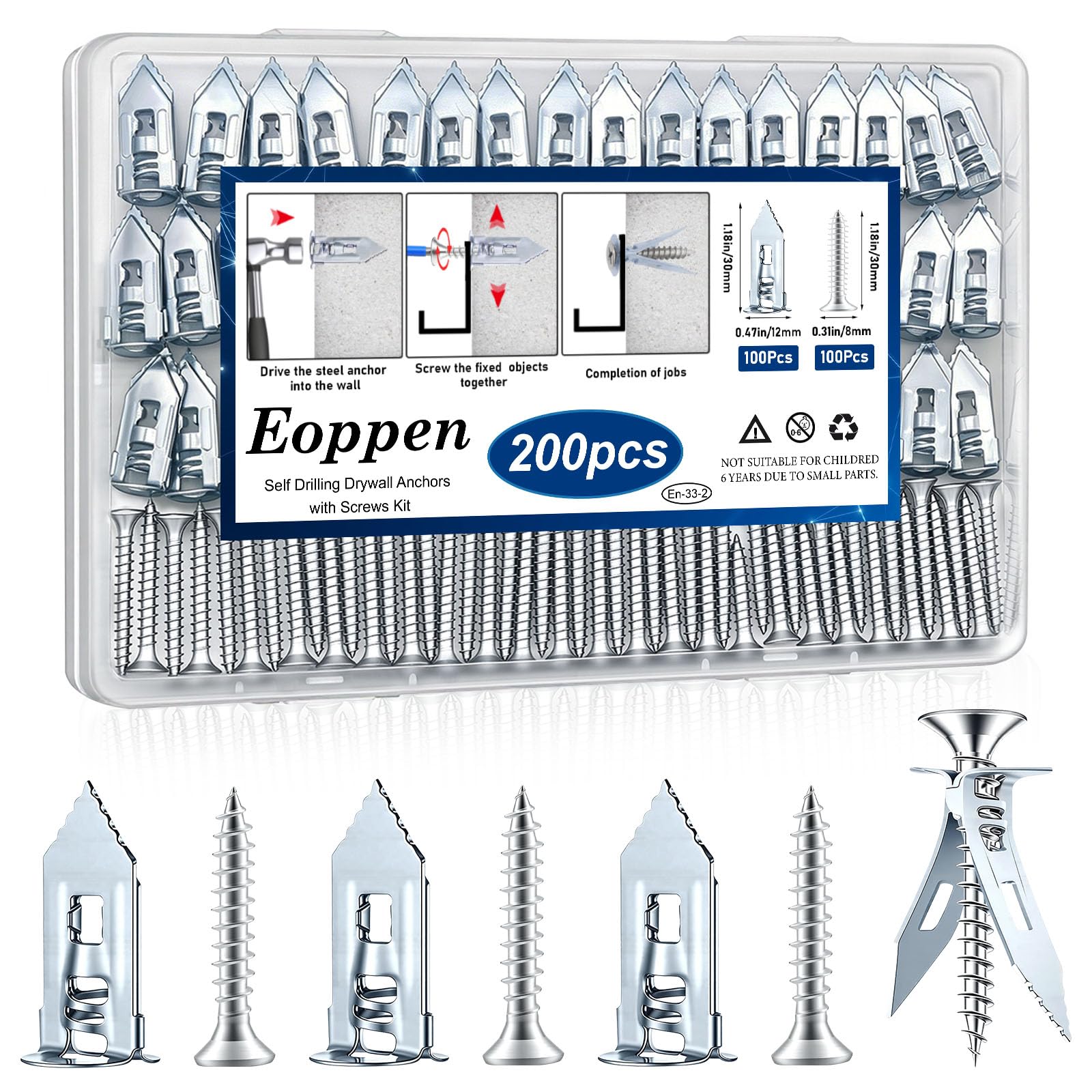 200Pcs Self Drilling Drywall Anchors with Screws Kit, Metal Self Drilling Anchor Screws, Silver Drywall Grip Anchors and Screws for Sheetrock, Hollow Wall, Picture Frames, Wall Decor