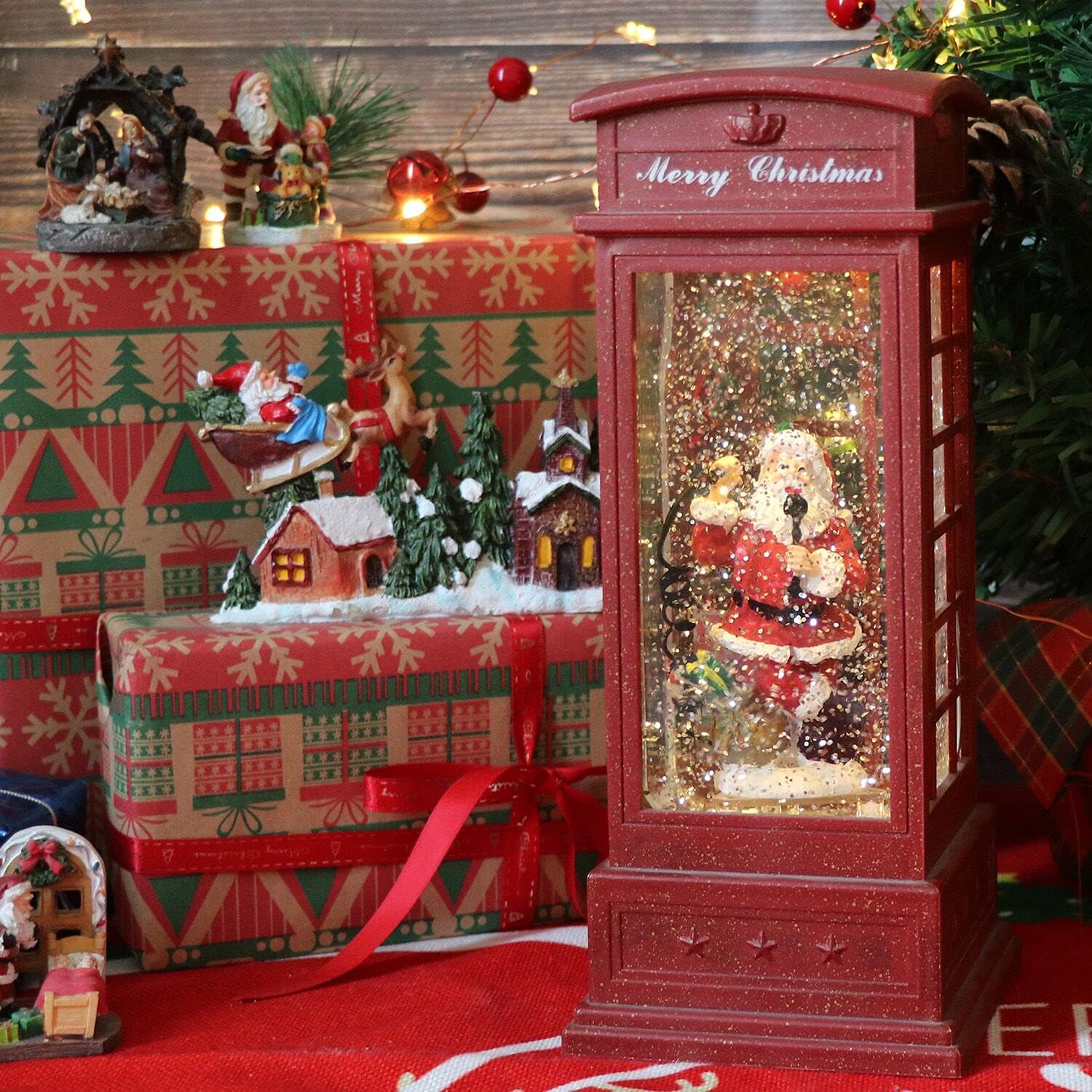Eldnacele Christmas Snow Globe Lantern Phone Booth, Swirling Water Glittering Battery Operated Festicval Ornament with Timer for Christmas Tabletop Centerpiece Home Decoration(Phone Booth)