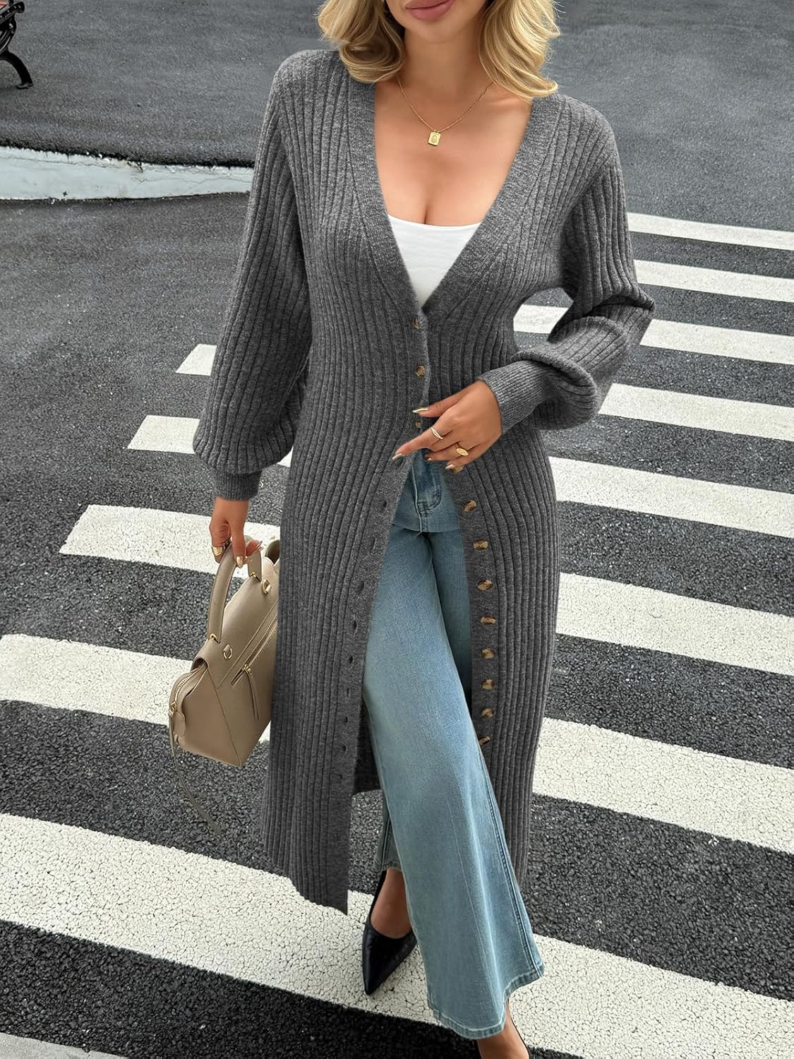 Saodimallsu Womens Long Cardigans V Neck Button Down Chunky Knit Dusters Sweater Coat Fall Trendy Maxi Sweater Dress - Image 3