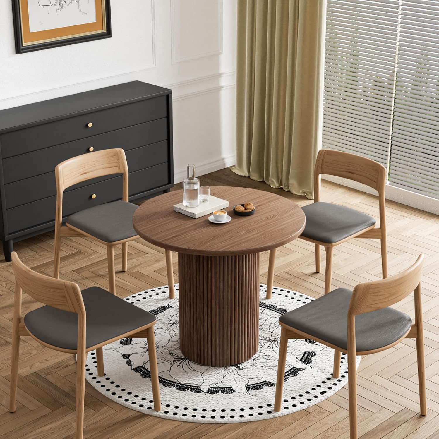 Rophefx Round Dining Table, 34.3" Modern Wood Kitchen Table for 2 to 4, Pedestal Circle Dining Tables, Fluted Dining Table for Leisure, Coffee, Kitchen, Dining Room φ34.3" x 29.9"H (Walnut Color)