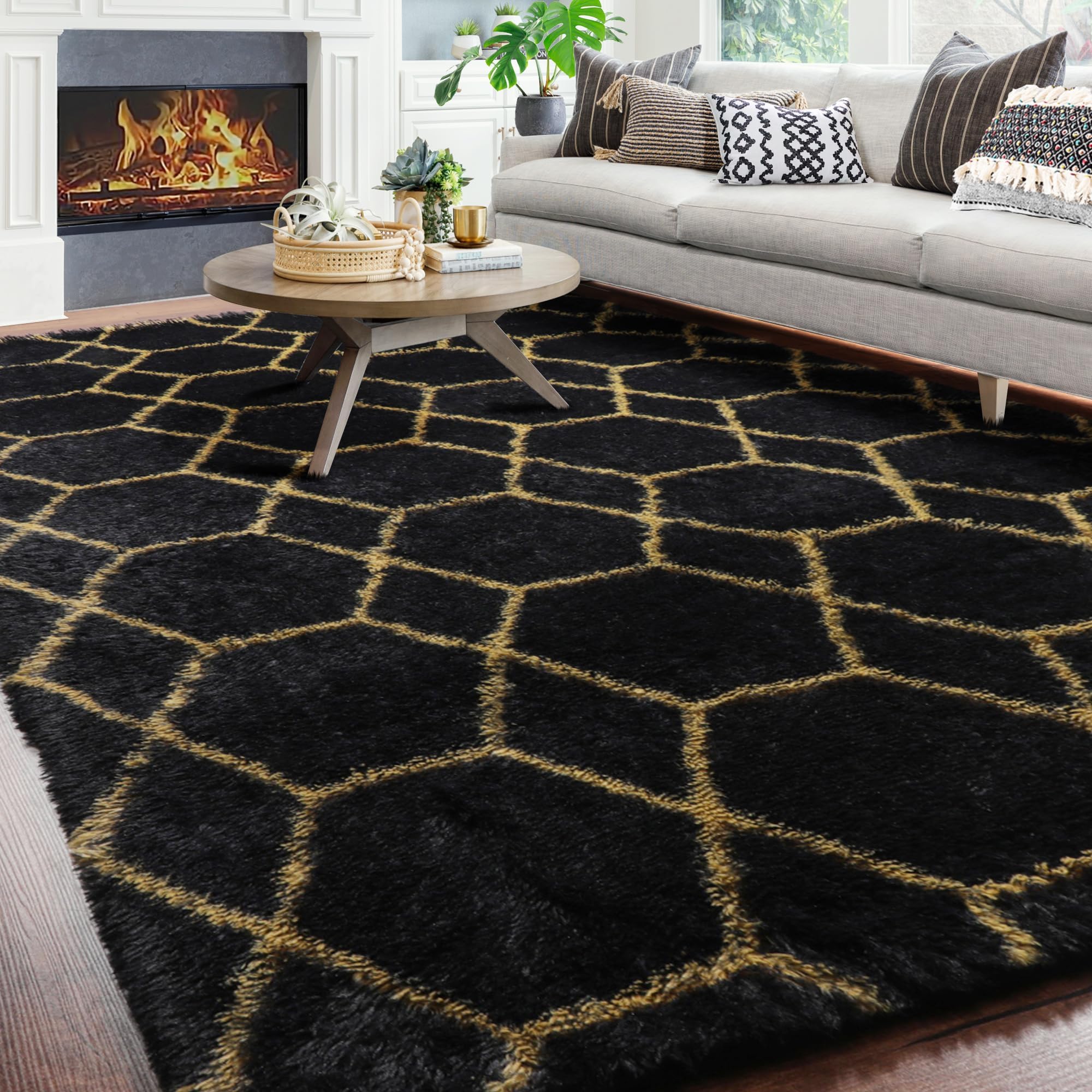 Modern Abstract Art Area Rugs, Black Gold Geometry Living