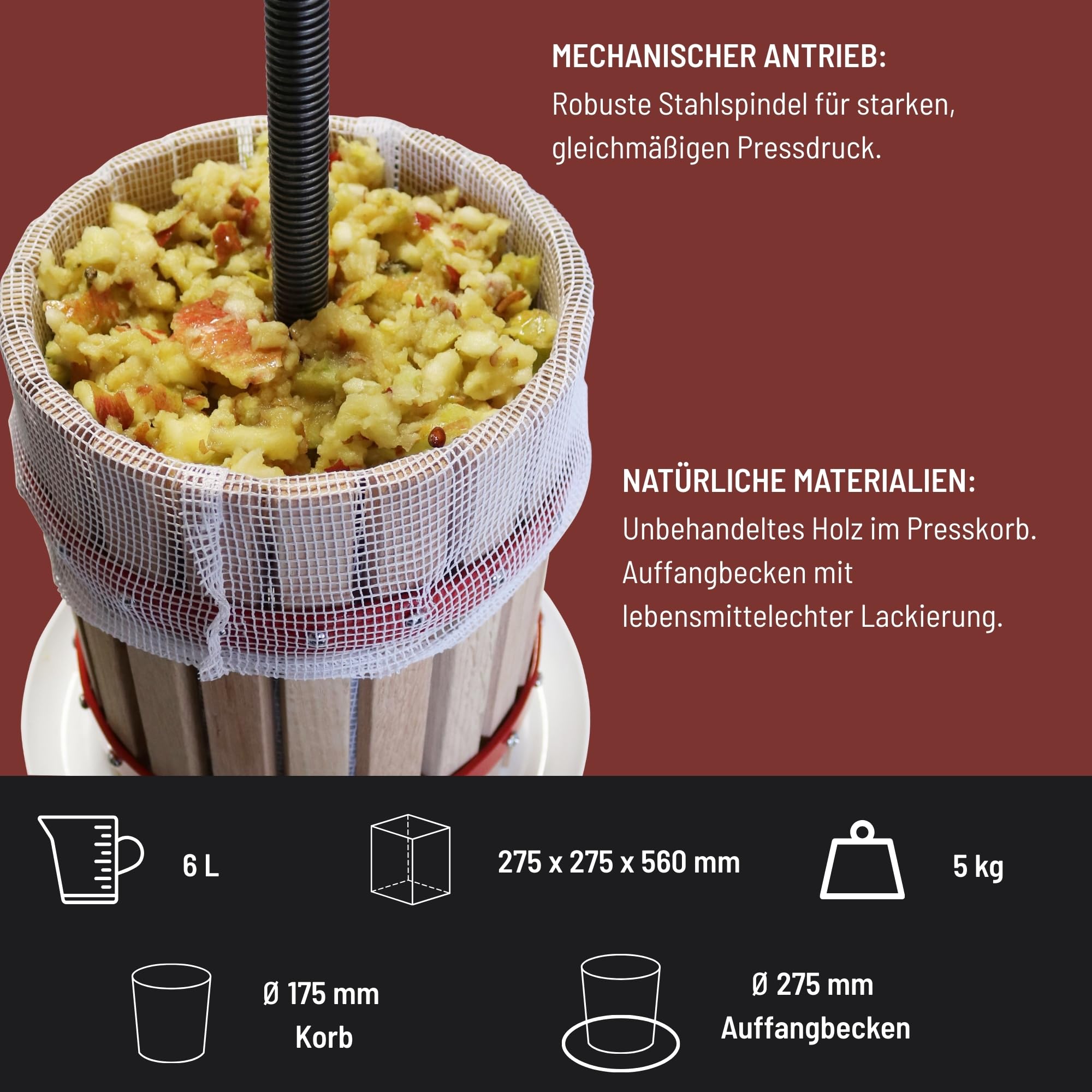 Güde 30001 Obstpresse OP 6 (Saftpresse und Beerenpresse, mechanische Presse inklusive Pressnetz 6 Liter, Holzfarbe, Braun)