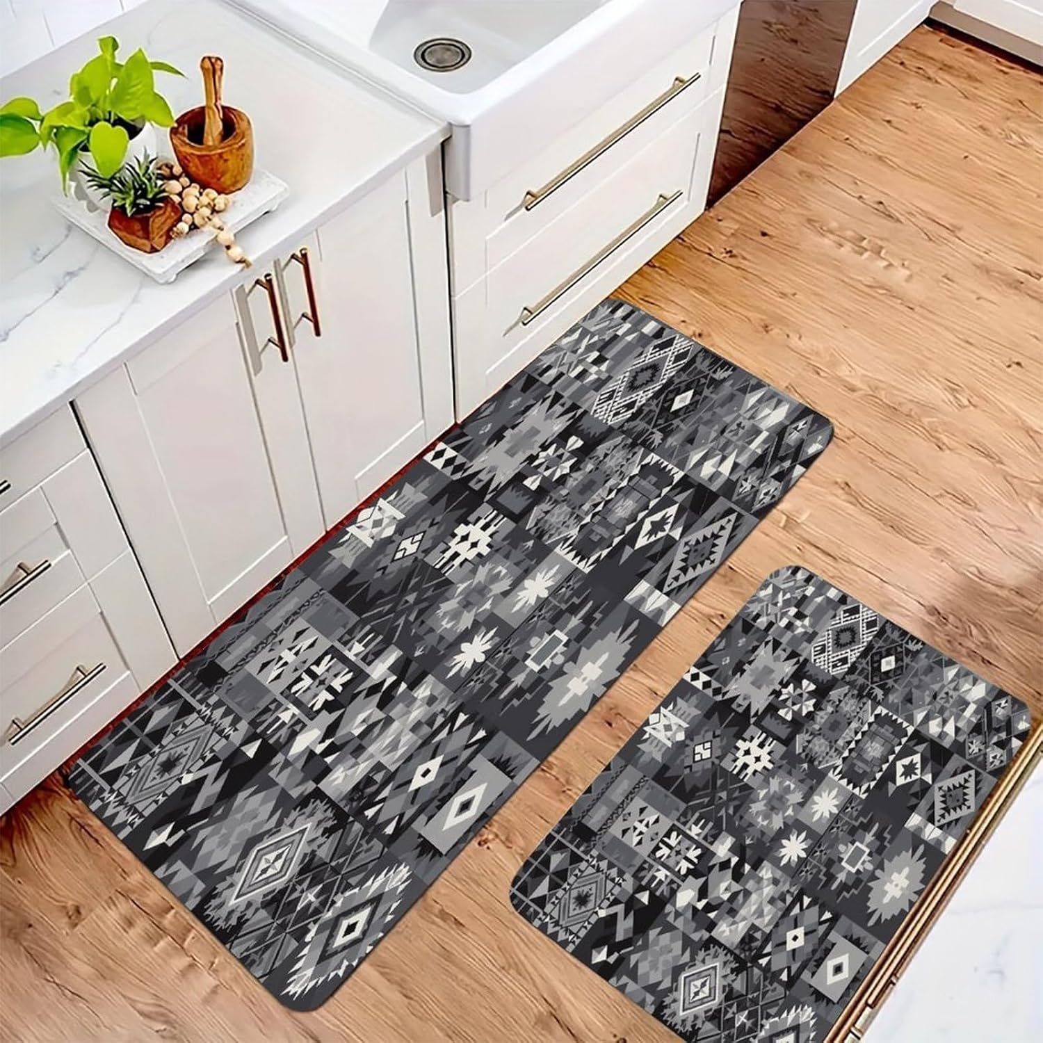 Gray Pattern Background Kitchen Mats with 2PCS Non-Slip Washable,Kitchen Rug Heavy Duty Durable, Floor Mats for Kitchen,Office,Sink,Laundry