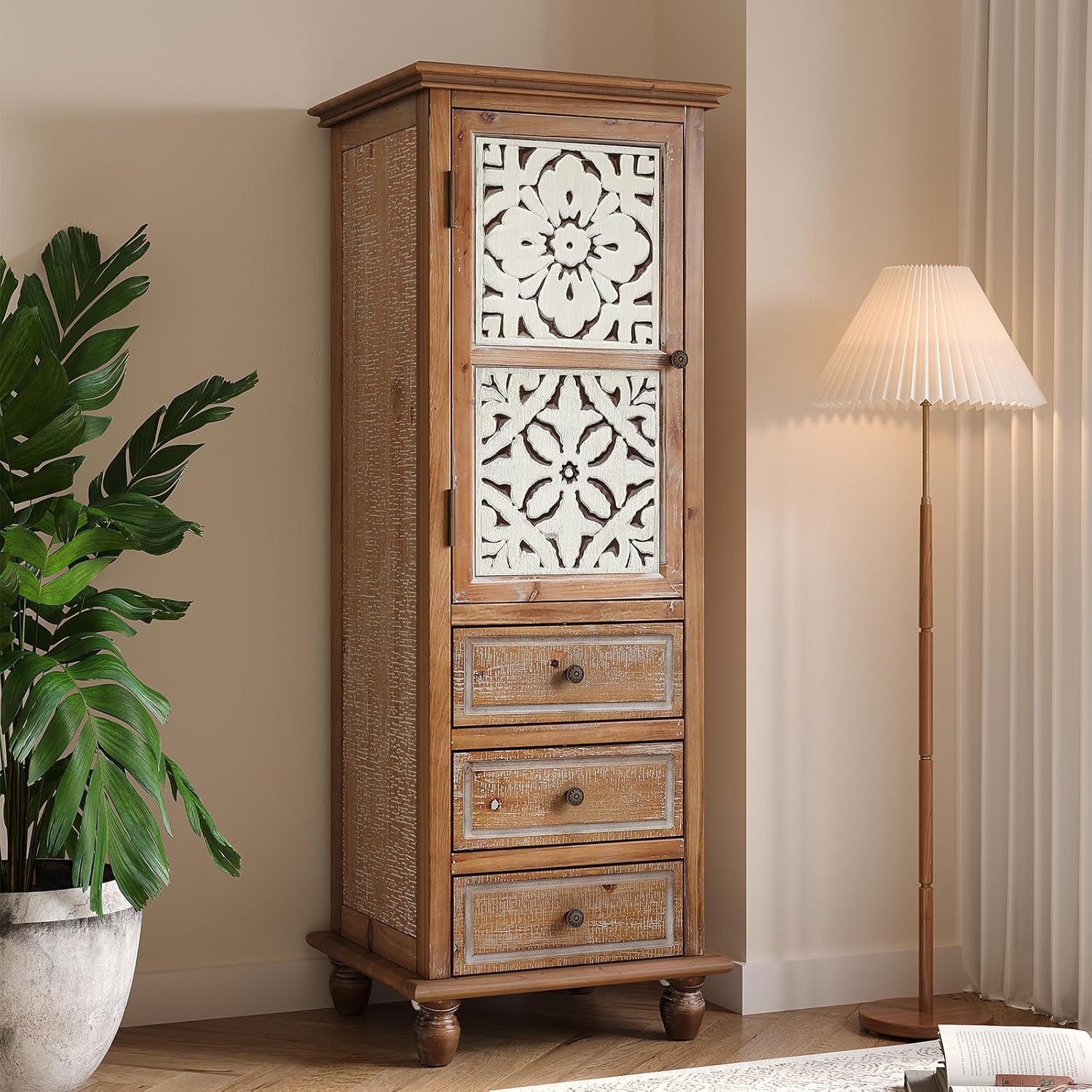 LKTART Solid Wood Accent Storage Cabinet with Carved Doors,54" Tall Thin Storage Cabinet with Drawers for Entryway,Kitchen,Living Room
