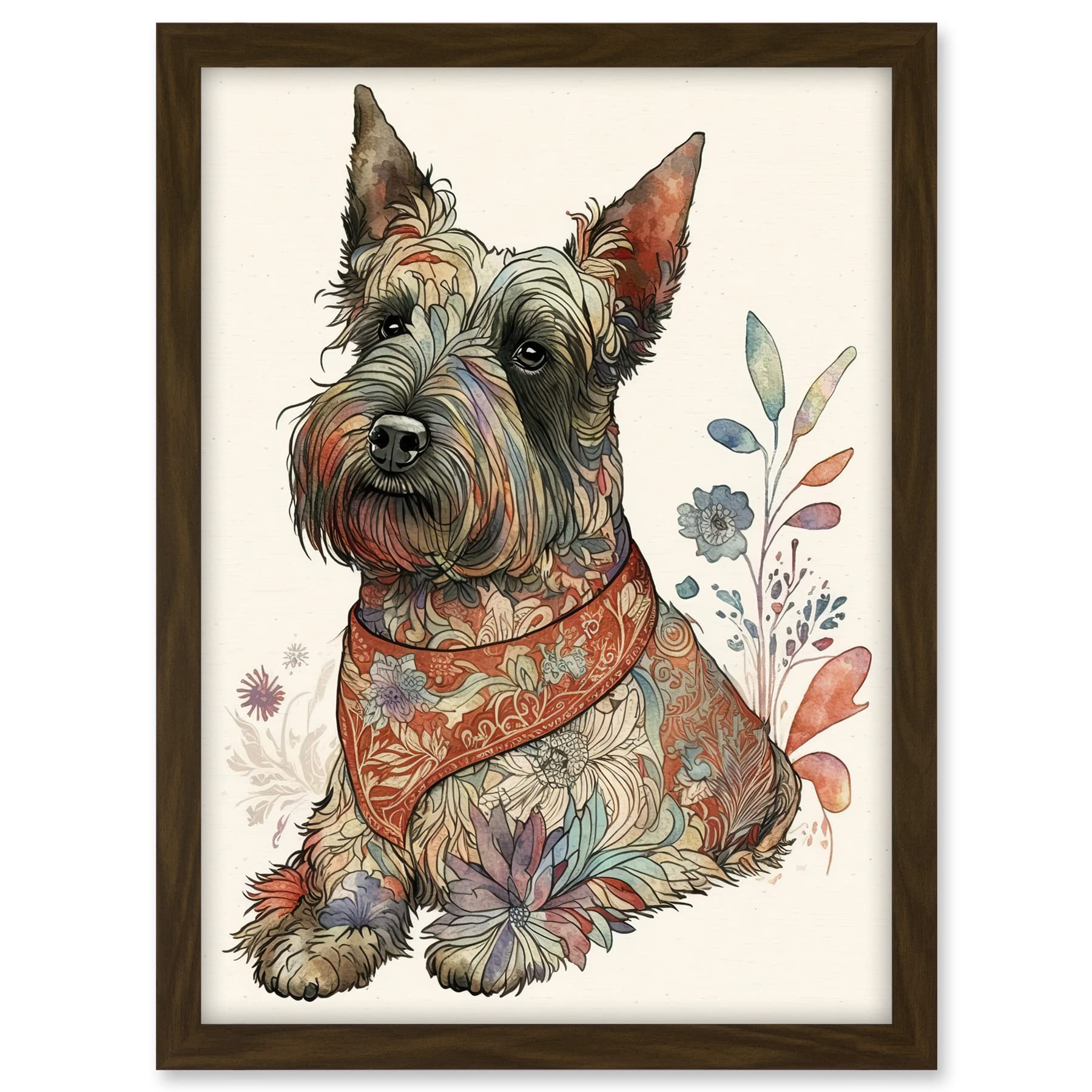 Artery8 Scottish Terrier Dog with Flower Pattern Fur Coat Modern Watercolour Illustration Artwork Framed A3 Wall Art Print
