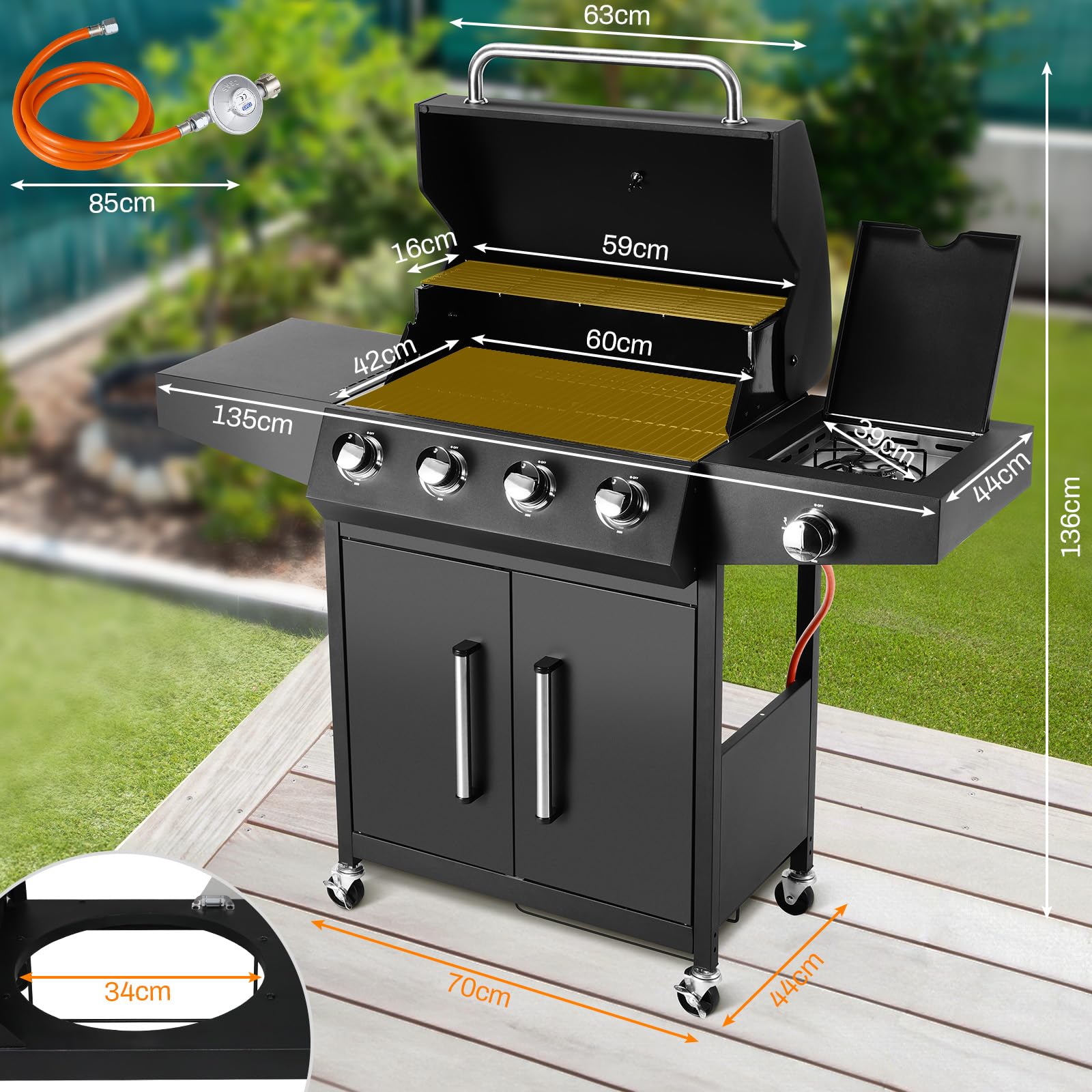 LIFERUN Gasgrill 4+1 Edelstahl Brenner,15 kw Gas Grillwagen BBQ mit Seitenkochfeld,Gasgriller mit Thermometer,4 PCS Bremse Rollen,DE I3B/P(50) Gasdruckregler,Standgrill Camping Garten(Butan/Propan)