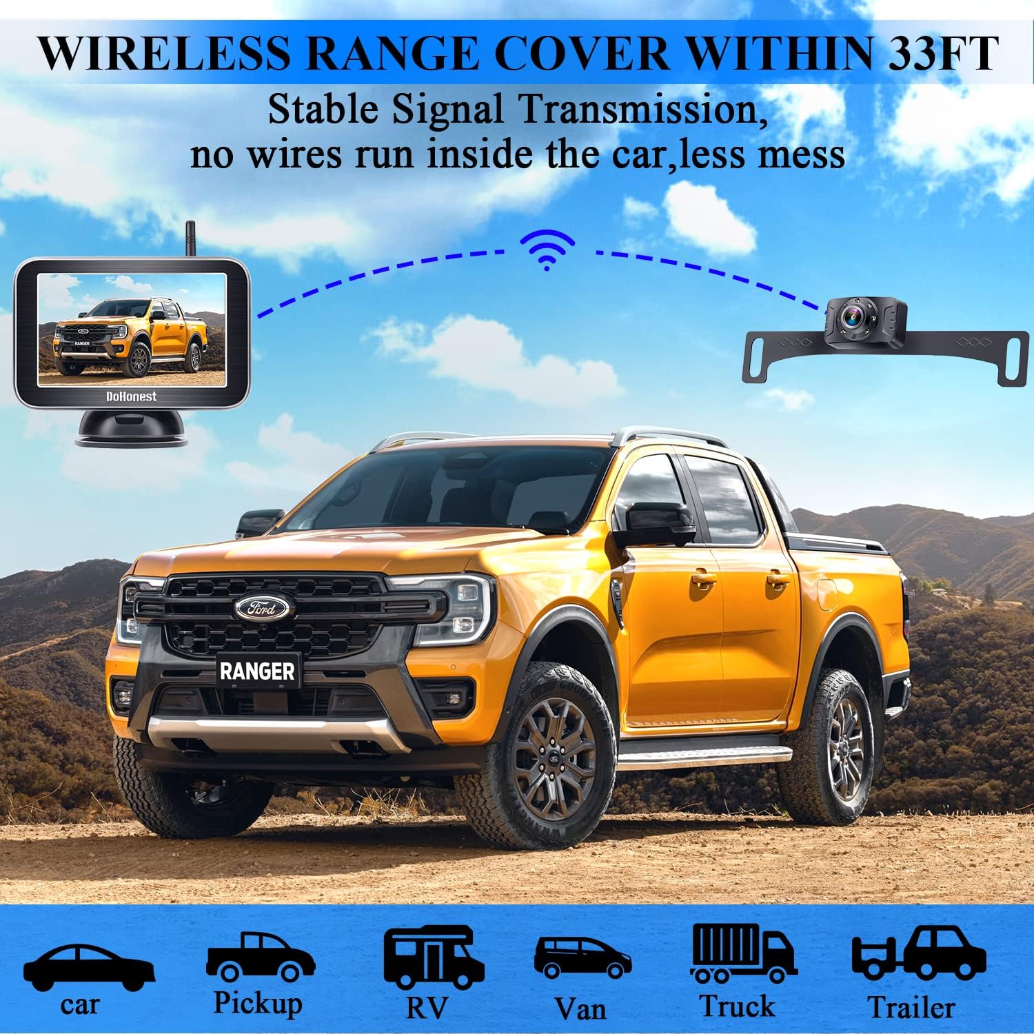 🛒 Crazy Deals DoHonest Wireless Backup Camera HD 1080P with 5 Monitor, Night Vision Bluetooth Camera Stable Digital Signal for Pickup Truck Van Camping Car License Plate Hitch Rear View Camera DIY Guidelines-V11