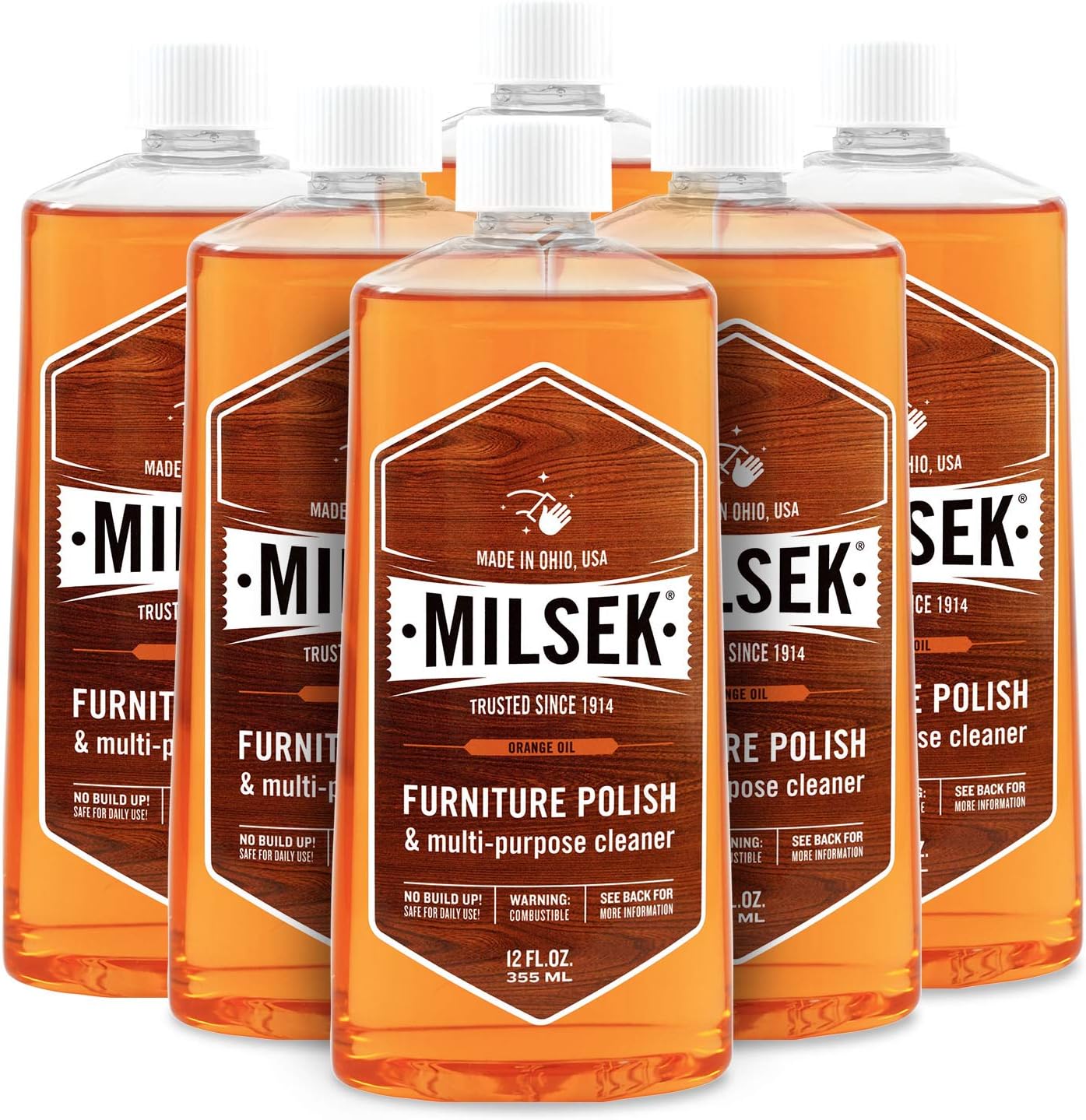 Milsek Furniture Polish and Wood Cleaner with Orange Oil - Multipurpose Cleaning Supplies for Home and Household from Hardwood Floors to Kitchen Cabinets- 12 Fl Oz (Pack of 6)