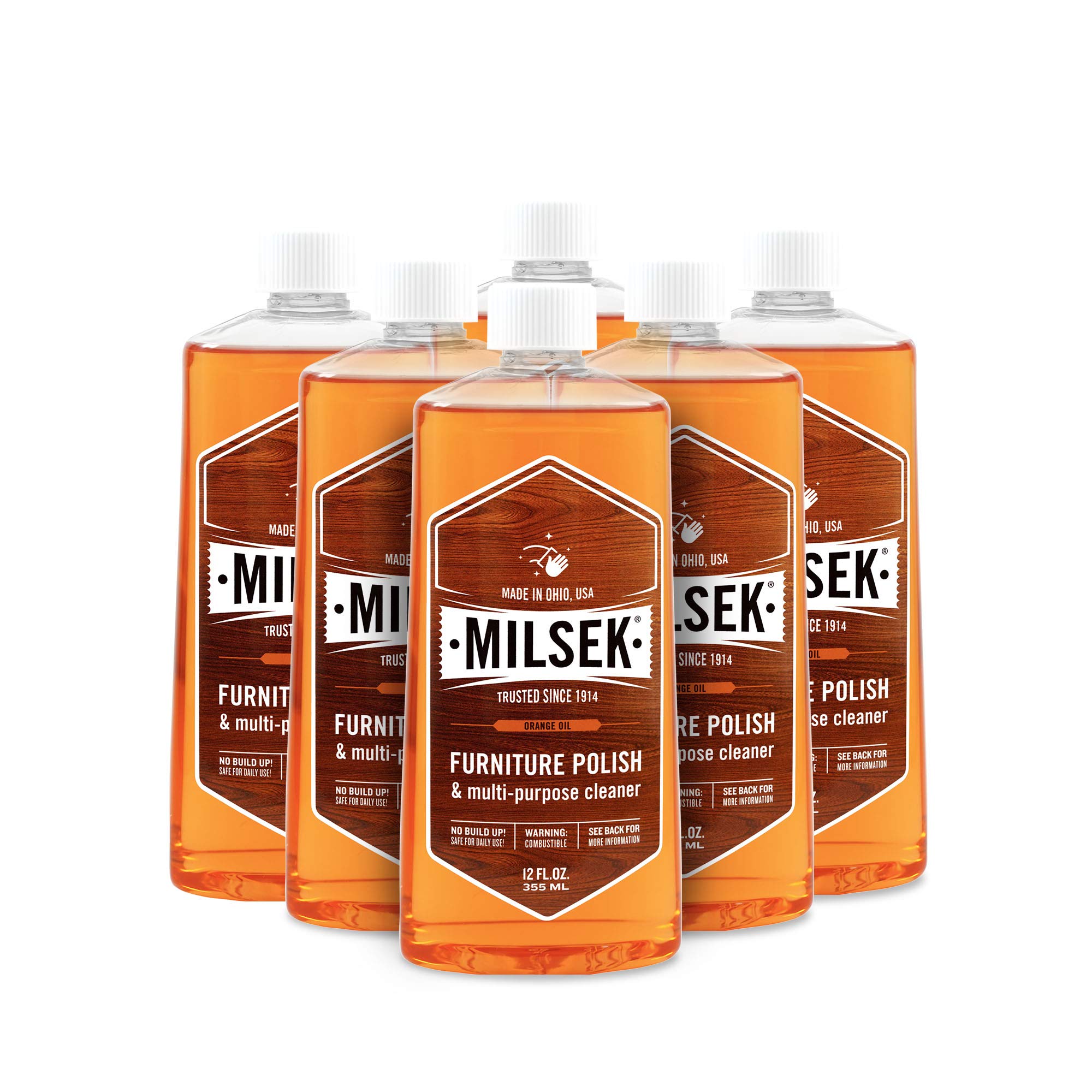 Milsek Furniture Polish and Wood Cleaner with Orange Oil - Multipurpose Cleaning Supplies for Home and Household from Hardwood Floors to Kitchen Cabinets- 12 Fl Oz (Pack of 6)
