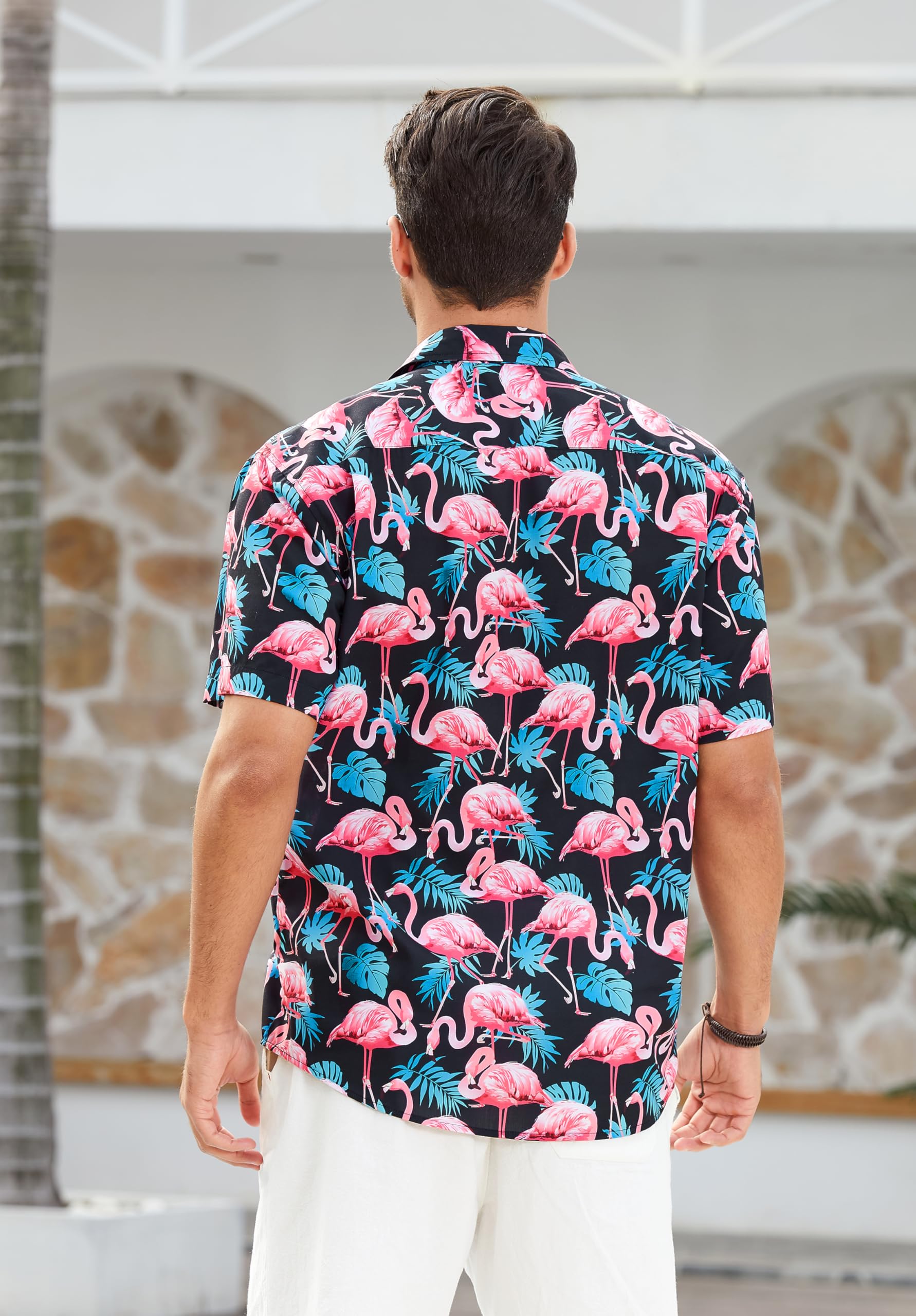 HISDERN Męskie funky hawajskie koszule z krótkim rękawem przednia kieszeń wakacje lato aloha nadruk plaża casual hawajska koszula S-2XL