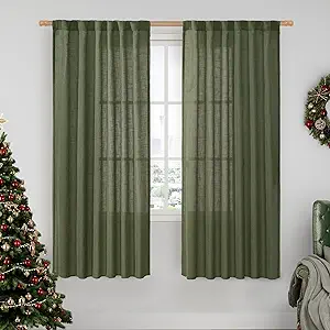 LAMIT Light Filtering Linen Curtains 68 inch for Bedroom, Linen Textured Semi Sheer Back Tab and Rod Pocket Boho Modern Christmas Decor Drapes for Living Room, Olive Green, 2 Panels, 52 x 68 Inch