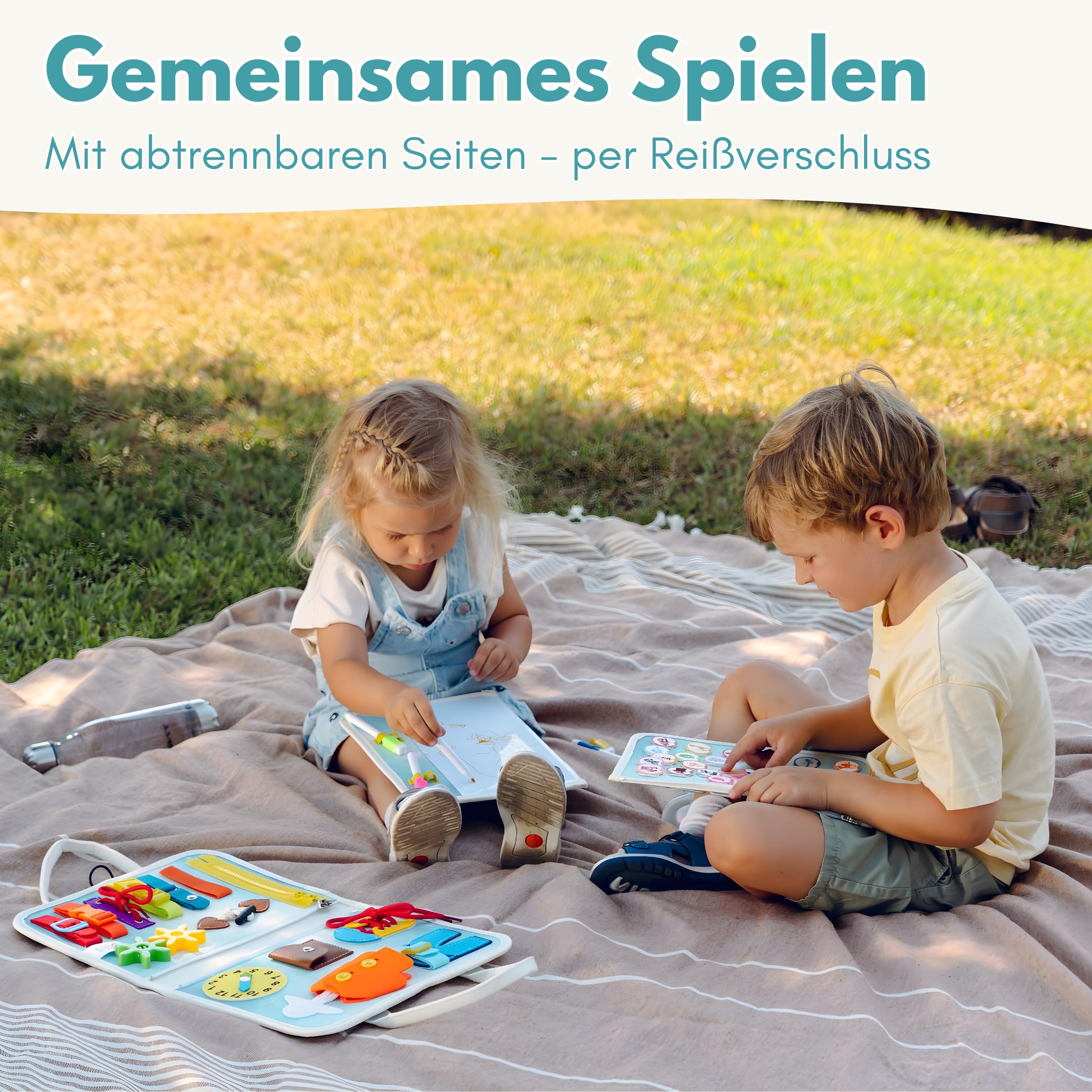 Lion’s Collection Montessori Busy Board Deutsch ab 3 Jahre – Busy Book & Activity Board für Kinder – Motorikbuch & Lernbuch – Reisespielzeug für Auto, Zug & Flugzeug