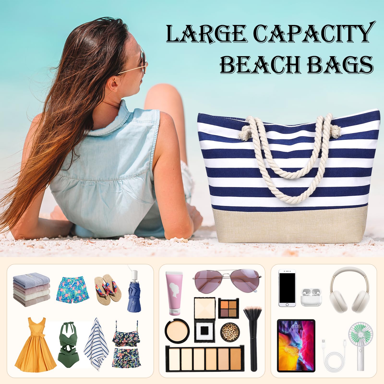 Sac de Plage Femme Grand Sac Fourre-Tout en Été, Sacs à Main de Voyage en Toile Imperméable avec Fermeture à Glissière Cabas Femme Tote Bag pour Plage Vacances Shopping Gym, Bleu Oxford