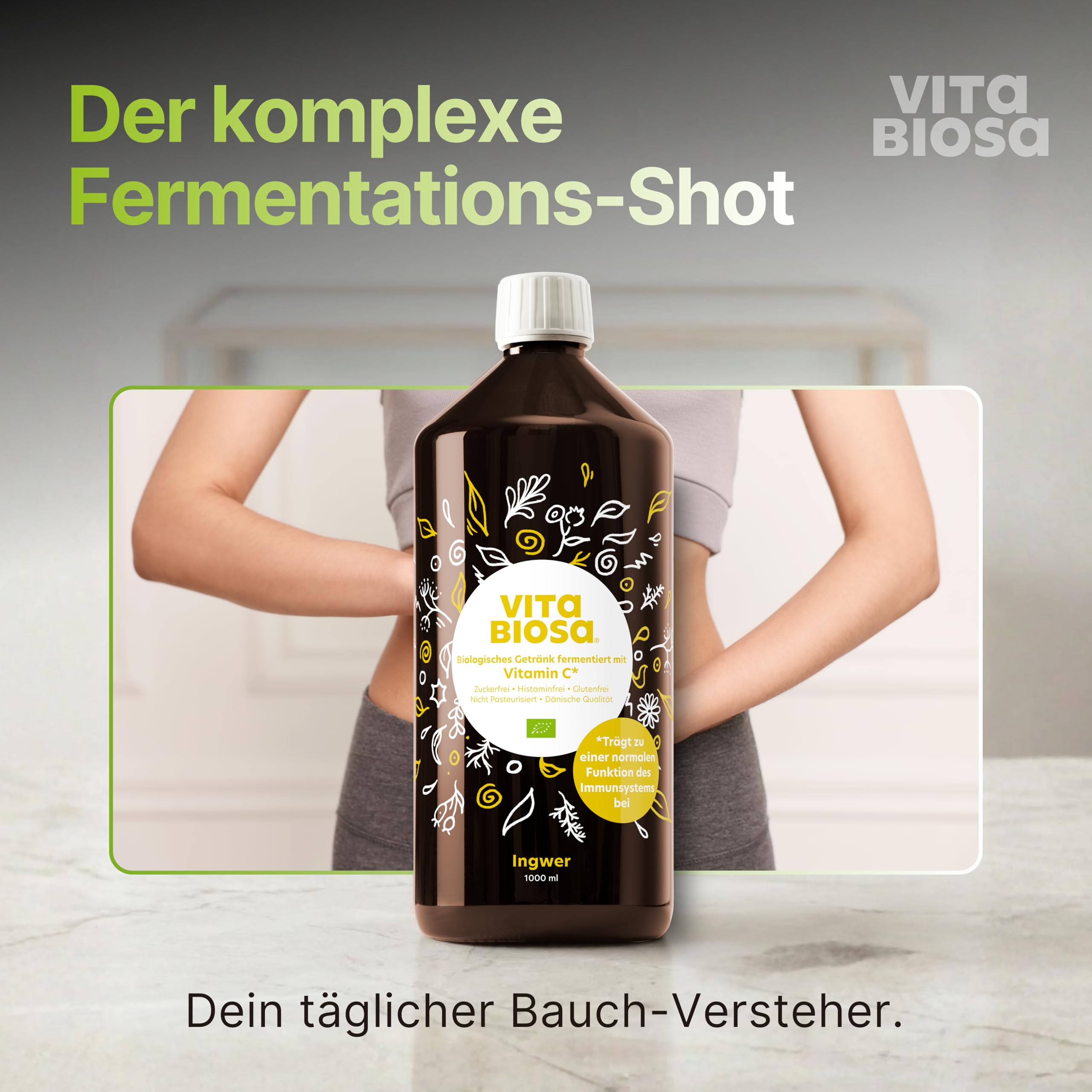 Vita Biosa Ingwer + Vitamin C Bio Fermentgetränk 1 L – mit Vitamin C zur Unterstützung des Immunsystems – mit Ingwer für die Verdauung – vegan, zuckerfrei, laktosefrei, Bio-Qualität