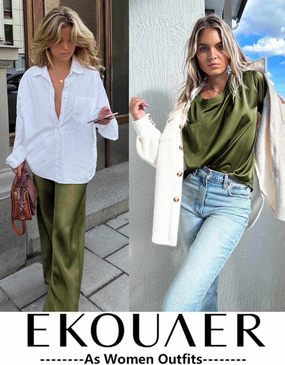 Ekouaer Womens Satin Silky Pajama Set Short Sleeve Shirt with Long Pajama Pant Set Soft PJ Loungewear, S-XXL 6 81EwRb6DVNL. AC SL1500
