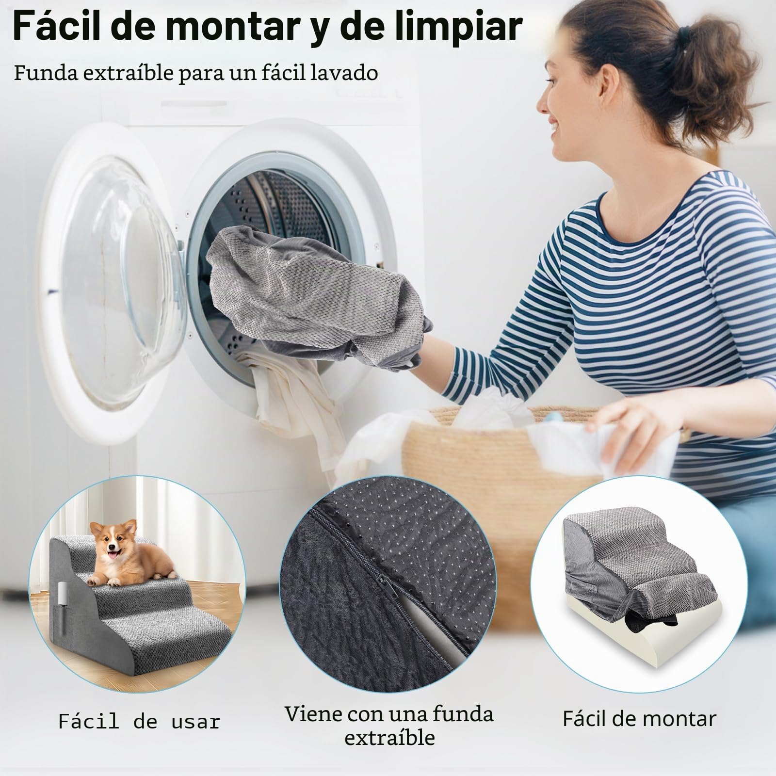 Escalera para perros de 3 niveles, antideslizante para perros pequeños, gatos, escalera para cama y sofá, portátil, rampa para perros y gatos, con funda impermeable lavable, 56 x 40 x 40 cm