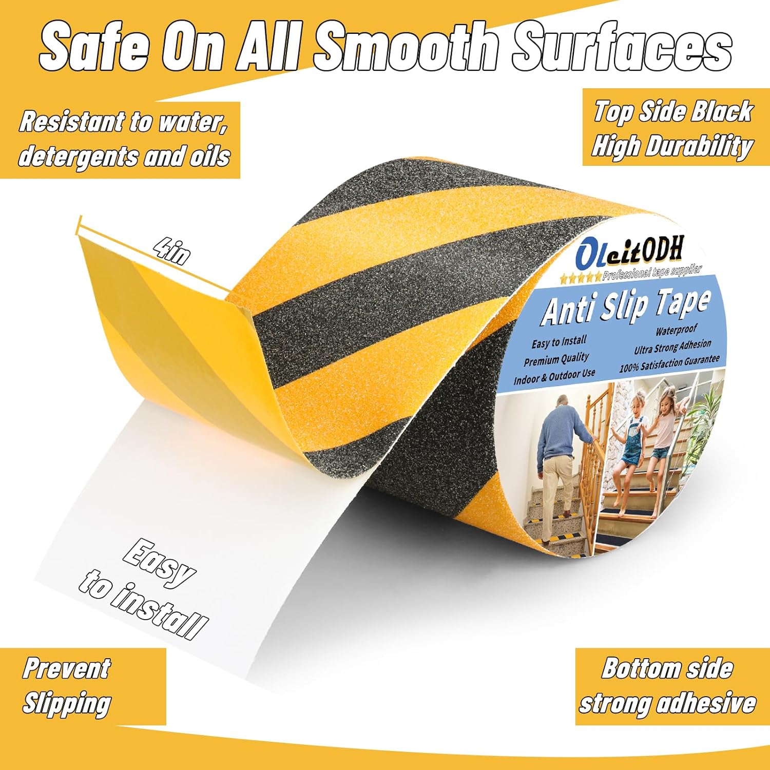 Oleitodh Non Slip Safety Grip Tape for Stairs Steps 4 in x 60Ft Non Skid Tread High Traction Friction, Black Yellow Strong Grip Abrasive Adhesive Hazard Caution Tape