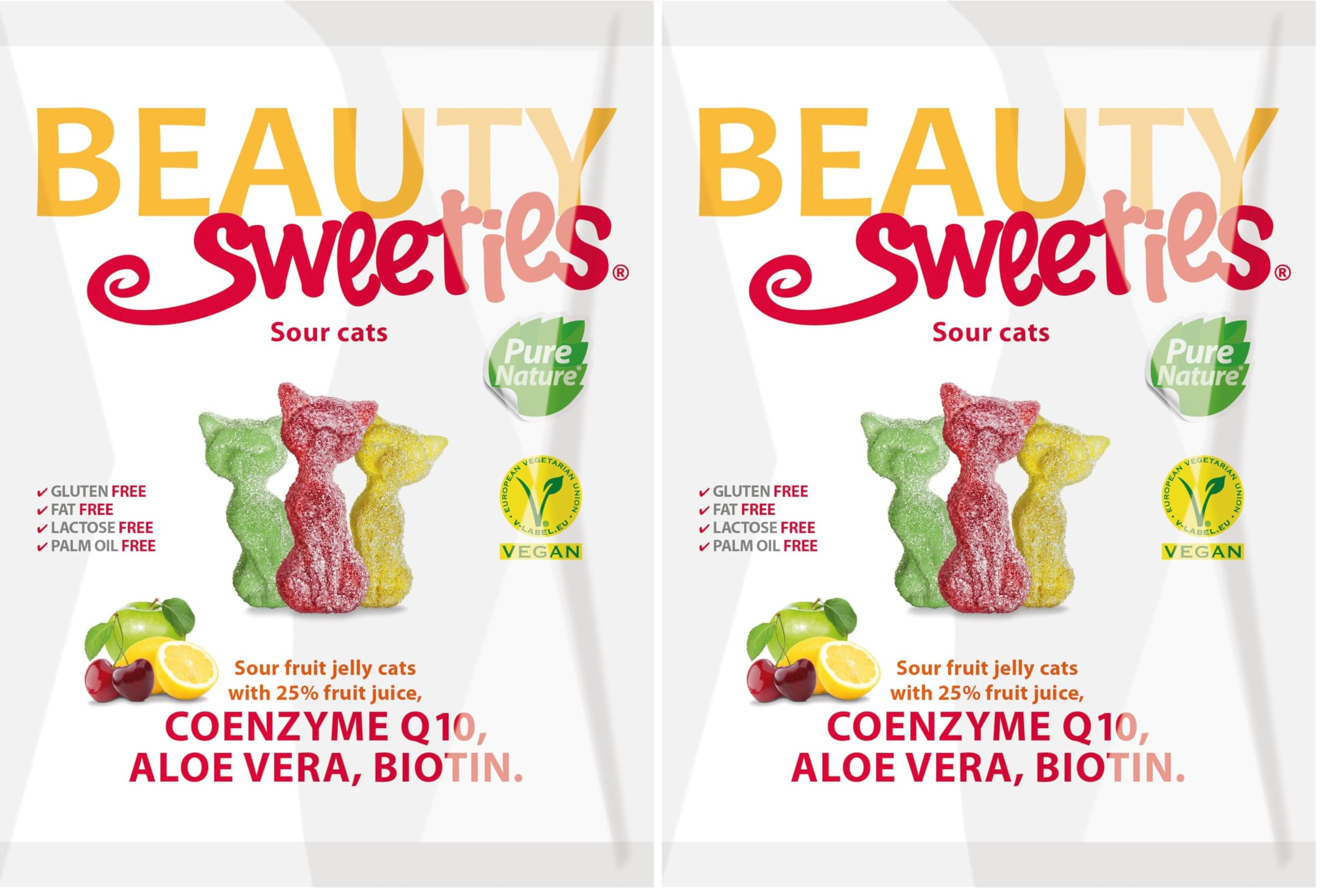 BeautySweeties Saure Katzen 125 g | Fruchtig-saure & vegane Fruchtgummi-Katzen mit 25% Fruchtsaft | Mit Coenzym Q1, Aloe Vera und Biotin | 1 x 125 g Beutel (Packung mit 2)