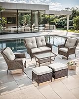 Vista 6 de Sofá de mimbre para patio, sofá de mimbre para exteriores, resistente para todo tipo de clima, sofás para 2 personas con respaldo alto y cómodos