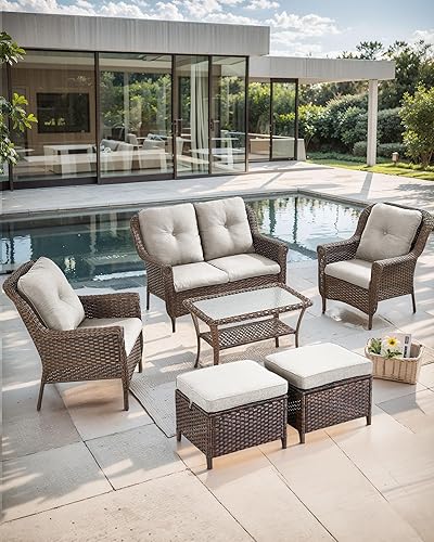 Miniatura 6 de Sofá de mimbre para patio, sofá de mimbre para exteriores, resistente para todo tipo de clima, sofás para 2 personas con respaldo alto y cómodos