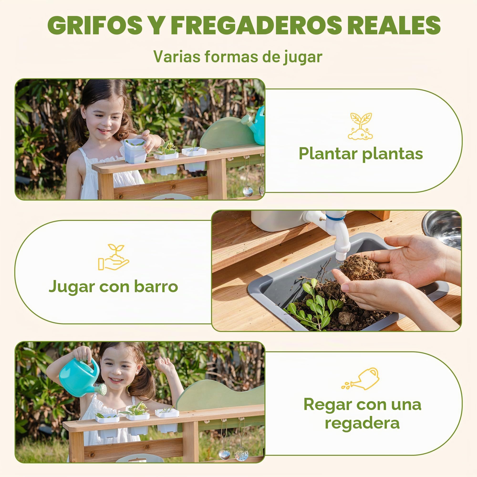 ROBUD Cocina de barro para niños al aire libre, cocina de juguete de madera con grifo auténtico, hervidor de agua, macetero, horno, pizarra, cocina infantil, regalo de madera para niñas y niños a