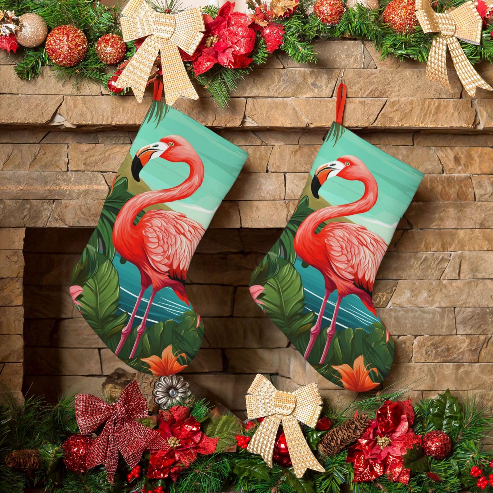 Tropical Flamingo Christmas Stockings 18 Inches Velvet Xmas Fireplace Hanging Stocking Rustic Christmas Santa Stockings for Home Christmas Decorations Party Favor Supplies