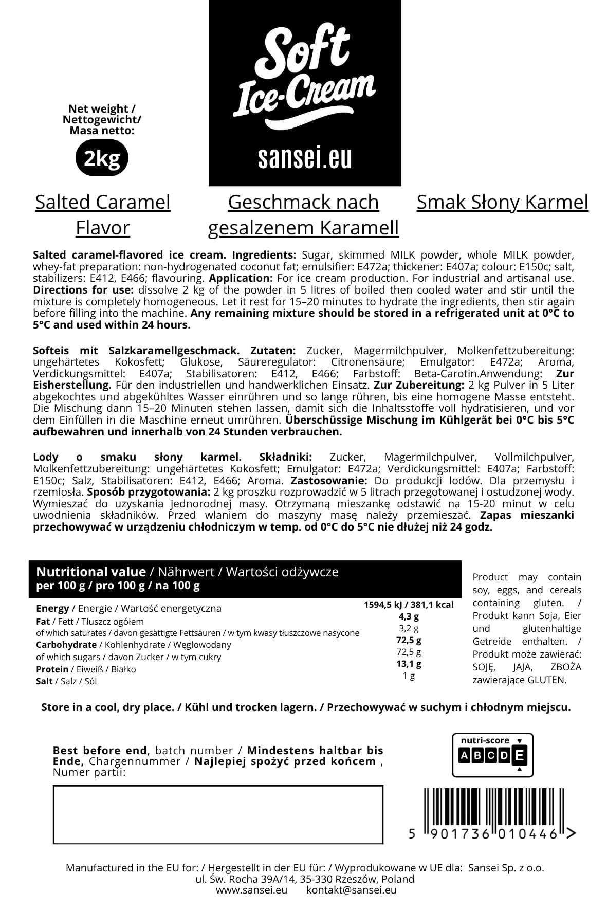 Sansei Préparation en Poudre pour Glace Soft au Caramel Salé 2 kg