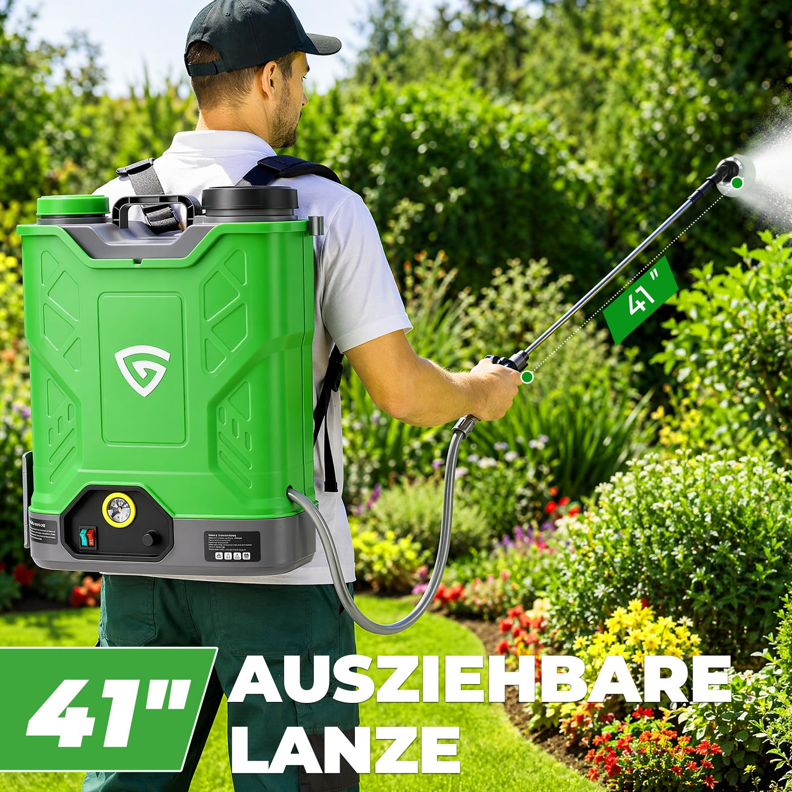 Pulverizador a presión con batería de 18L con 2 baterías de 21 V y 4,0 Ah, jeringa de espalda con presión de 0-100 PSI, sistema de agitación, 7 boquillas y lanza telescópica, para jardín