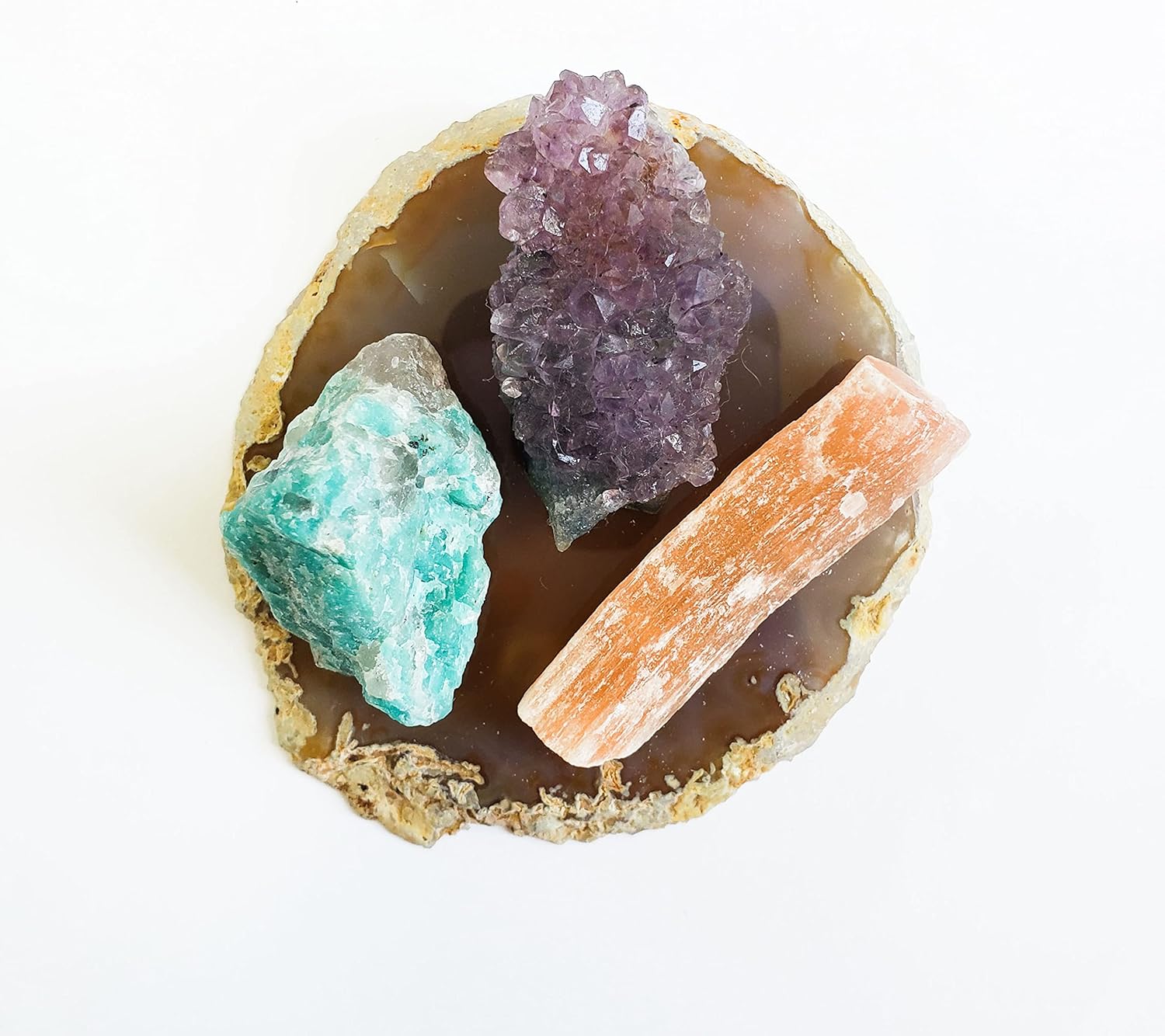 Kit Com Amazonita, Drusa de Ametista e Selenita Laranja Na Base Ágata Natural, Pedras Brutas 100% Naturais de Alta Qualidade