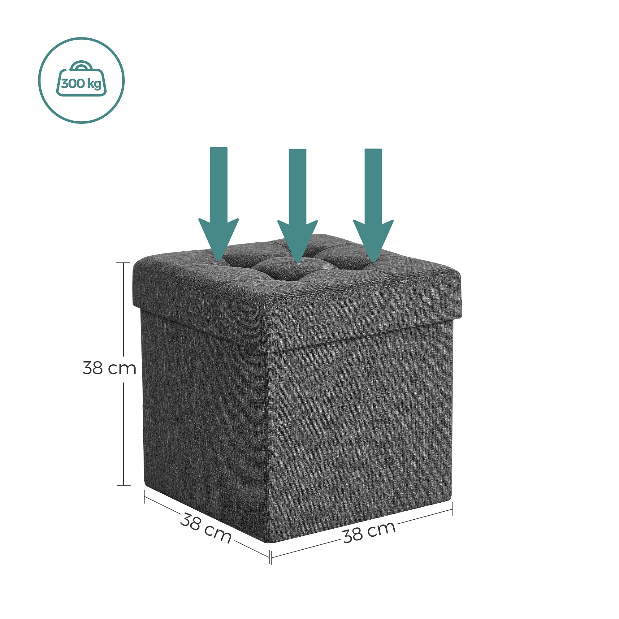 SONGMICS Pouf Cubo Poggiapiedi Sgabello Contenitore Pieghevole in Lino Imbottito, Lsf27Z, Grigio Scuro, 38 x 38 x 38 cm