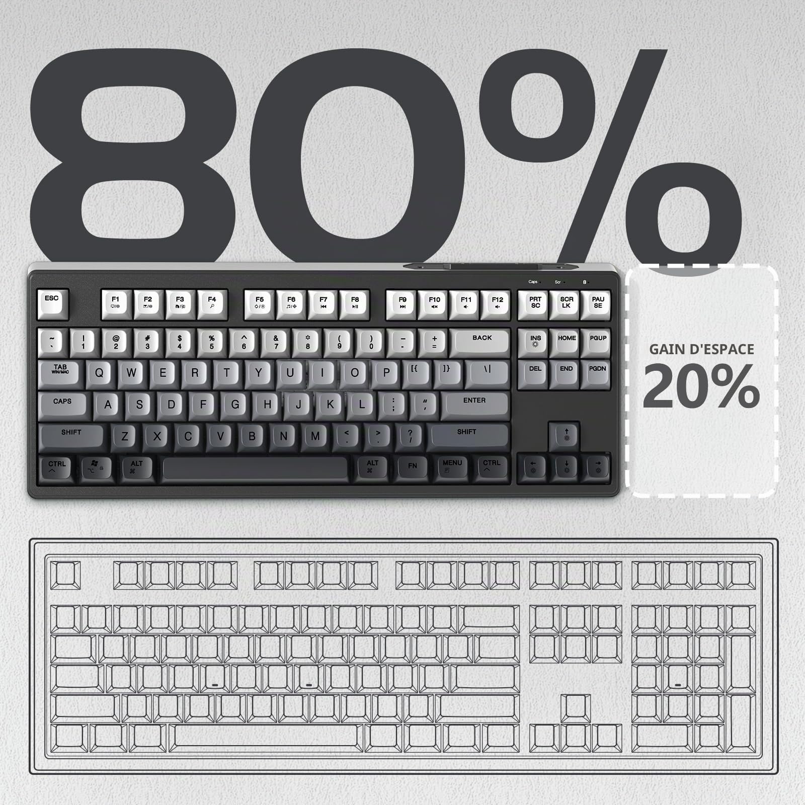 ATTACK SHARK X FREEWOLF M87 Clavier de Jeu à Membrane sans Fil 80%, TKL RVB, Sa PBT Keycaps, Clavier Bluetooth 5.0/2,4 Ghz Double Mode, QWERTY, 4000mAh, Mac/Win, Bureau/Jeu Silencieux – Dégradé Noir