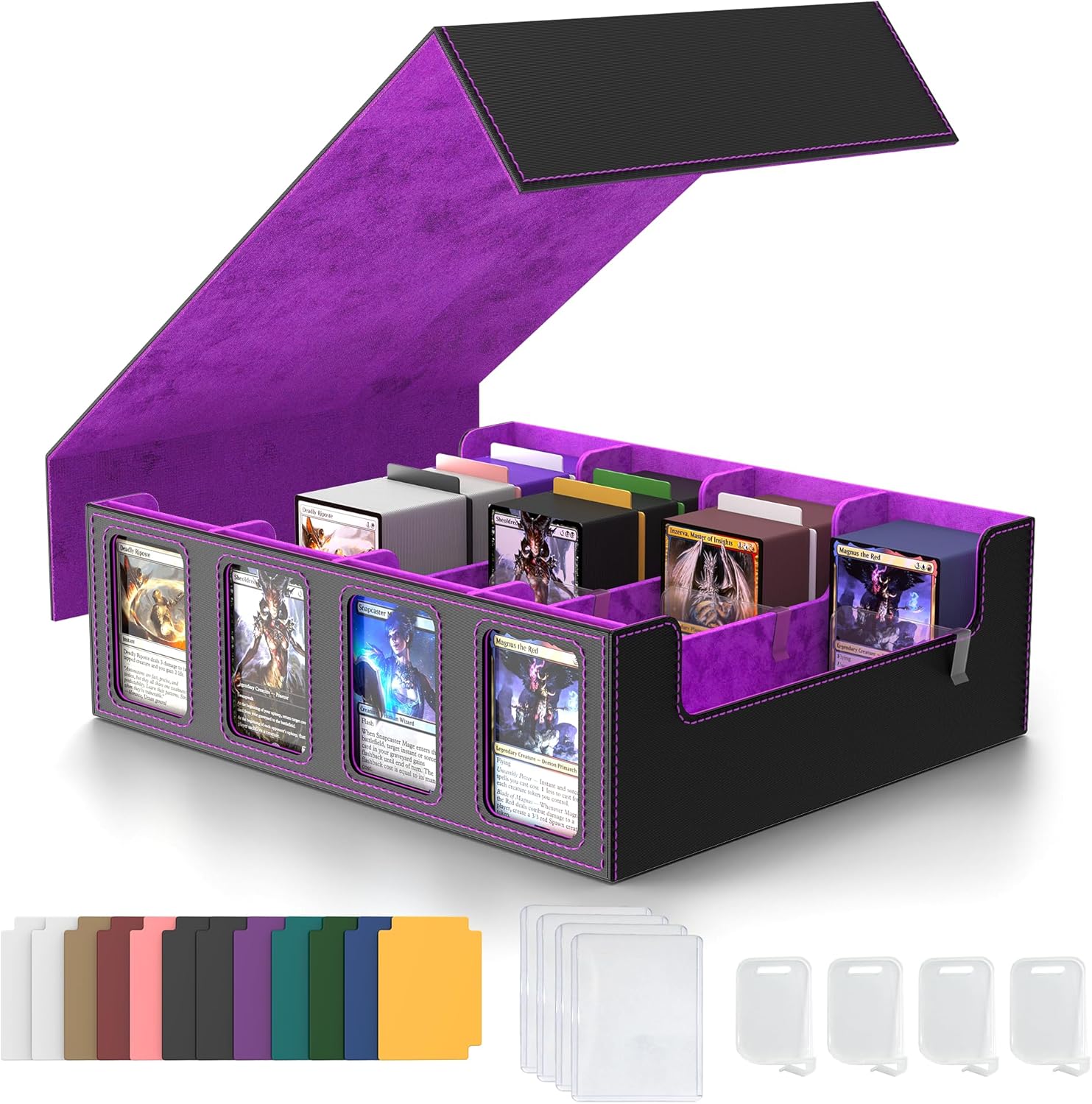 Trading Card Storage Box,Display Window Commander Deck Box for 2400+ MTG,Card Case for TCG PTCG YugiOh Sports Cards With Magic Removable Cover,4 Stoppers,12 Dividers (Black, Purple)