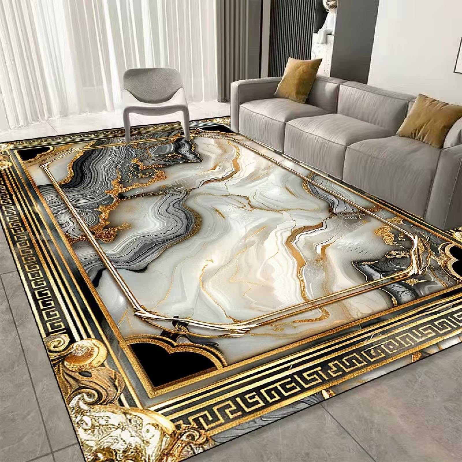 Tapis de salon lavable 150x180cm à cadre doré pour chambre et salle à manger