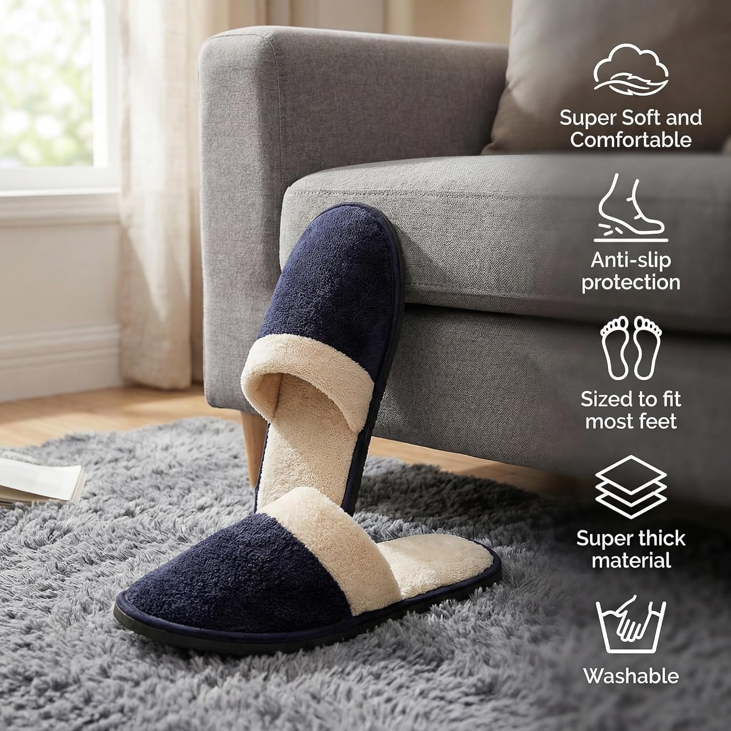 Goaste 8 Pairs Disposable Home Slippers, Non Slip Hotel Slippers, Washable Coral Fleece Spa Slippers, Closed-Toe Guest Slippers in 2 Colors for Men Women Guests, Home, Bathroom, Bedroom, Hotel, Travel - Image 6