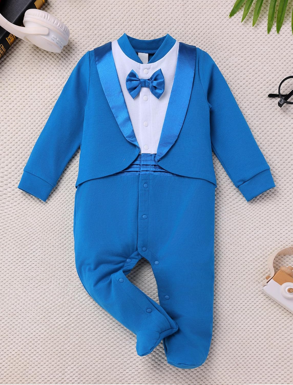 IDOPIP Baby Boy Tuxedo Onesie Gentleman Bowtie Jumpsuit Footies Romper Newborn One Piece Formal Suit Baptism Birthday Outfit