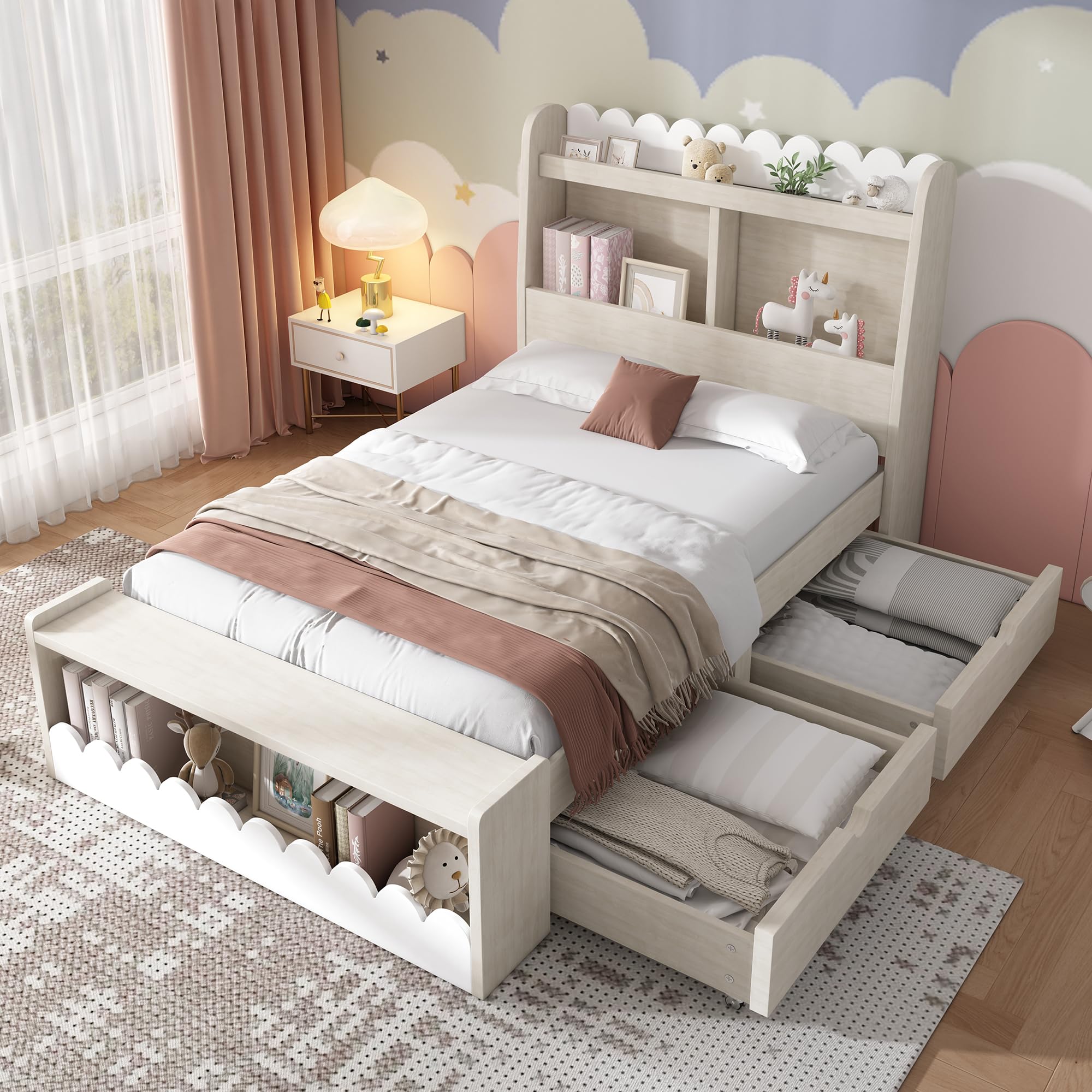 Lettino singolo con cassetti, ripiano e panchina con vano portaoggetti, letto in legno 90 x 200 cm, struttura del letto e rete a doghe in legno, bianco con rovere (senza materasso)