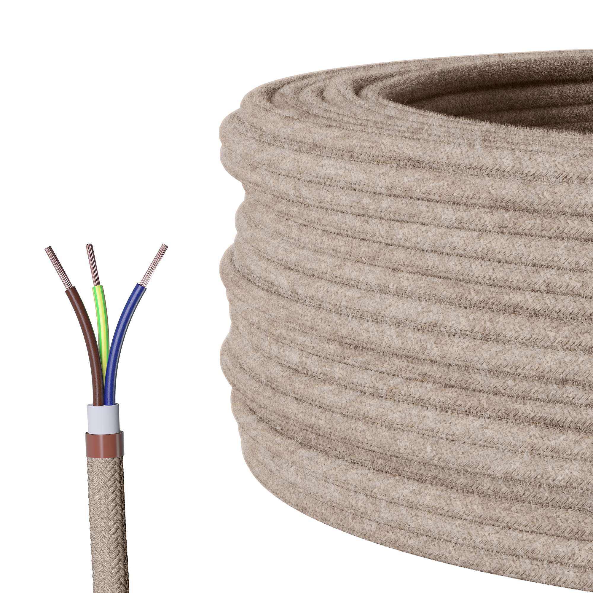 Câble textile pour lampe, câble rond, trois fils (3 x 0,75 mm²), lin, 20 m