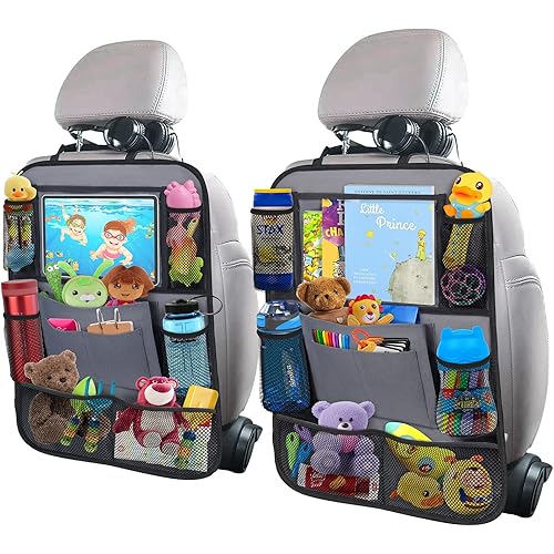 ULEEKA Car Backseat Organizer with 11" Table Holder, 9 Storage Pockets Seat Back Protectors Kick Mats for Kids Toddlers, Travel Accessories, 2 Pack, Gray