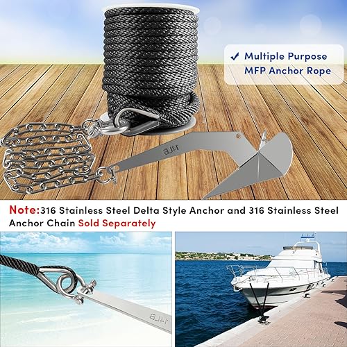 Miniatura 6 de Cuerda de anclaje prémium de 50 pies x 38 pulgadas, cuerda de anclaje para lancha MFP de trenza sólida, cuerda de anclaje para barco con dedal y