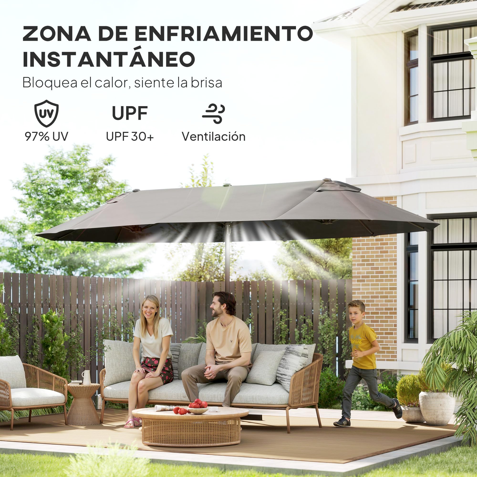 Outsunny Sombrilla Doble con Manivela Manual 4,6x2,7 m Gris | Sombrilla Terraza Exterior, Resistente al Agua, Protección Solar, Gigante para Jardín, Playa Piscina