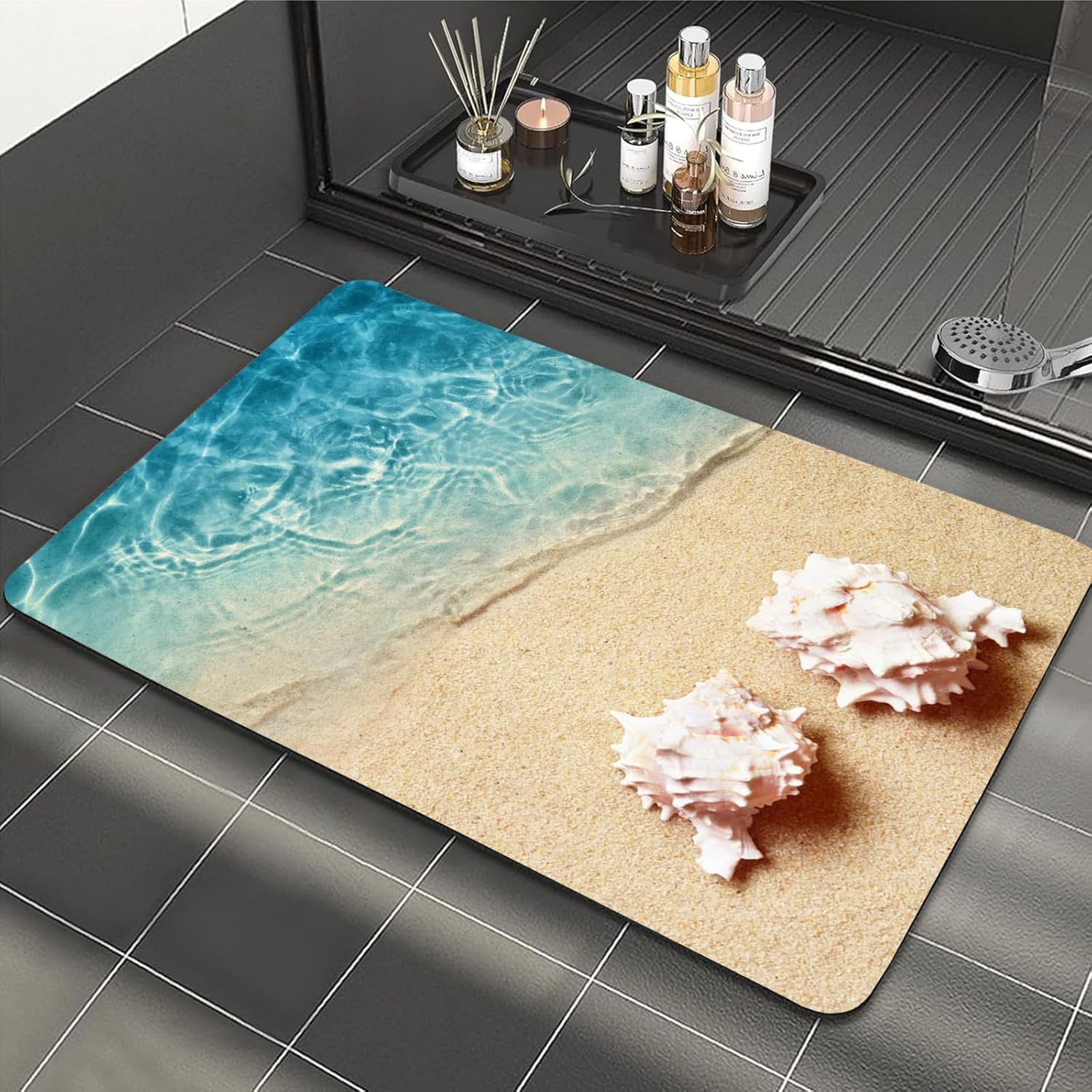 MiZuH Diatomaceous Earth Bath Mat, Stone Bath Mat Non-Slip Super Absorbent Fast Drying Shower Mat Thin Washable Bathroom Rugs Floor Mat 1.5 x 2.5ft(Beach Shells)