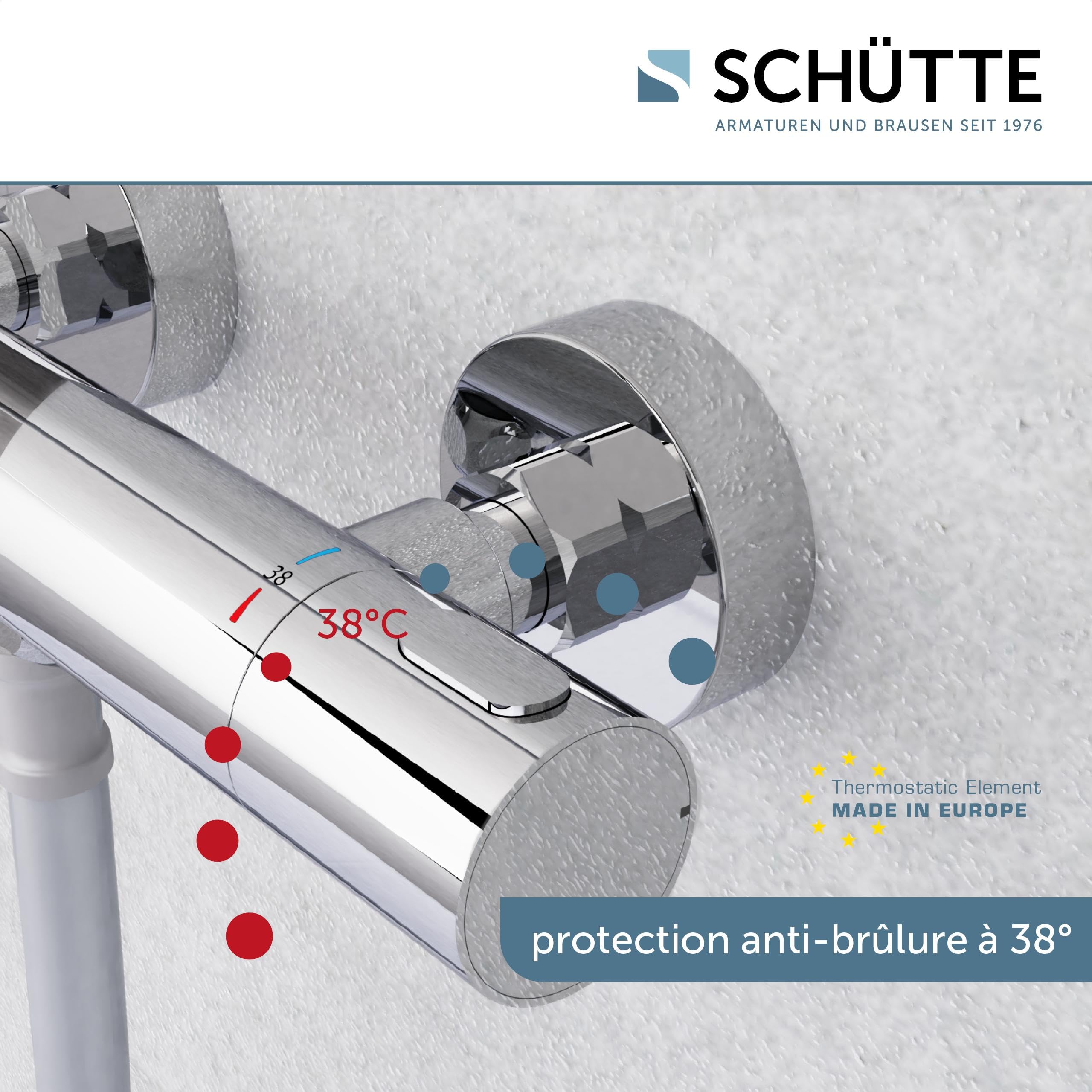 Schütte Los Angeles - Mitigeur Douche Thermostatique 2 Sorties | Chromé, laiton massif, protection anti-brûlure 38 °C, raccord 1/2", robinet douche thermostatique, 2 rosaces incluses