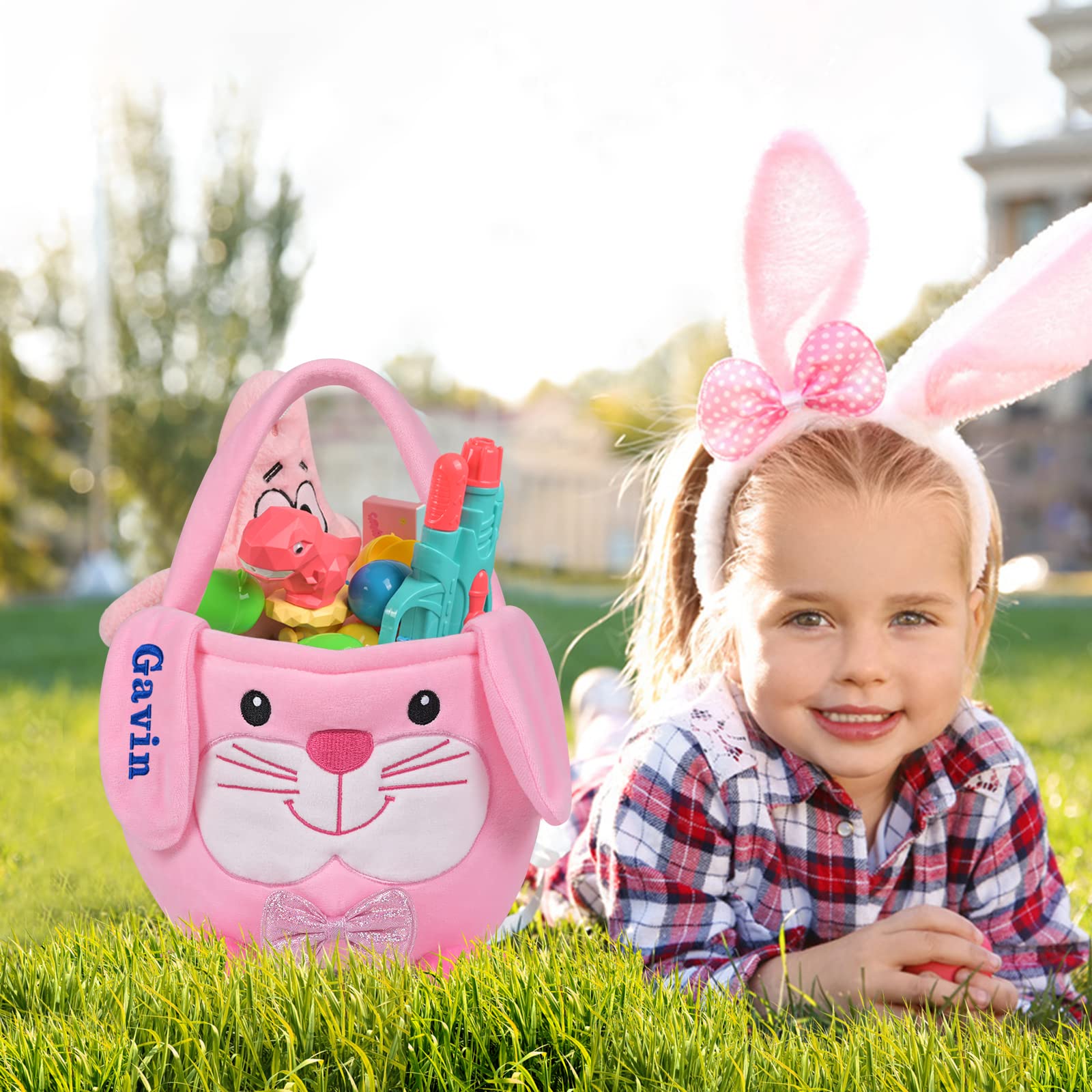 Touber Easter Baskets for Kids, Easter Bunny Basket Gifts Easter Basket with Handle Personalized Easter Baskets for Girls Boys Personalized Easter Gifts Easter Eggs Hunt Baskets for Kids - Pink