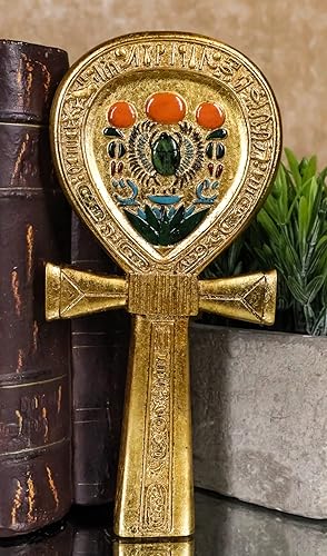 Miniatura 5 de Ebros Gift Escarabajo alado egipcio antiguo con jeroglíficos de cobra de Uraeus dual Ankh en forma de pequeño espejo de mano figurita coleccionable