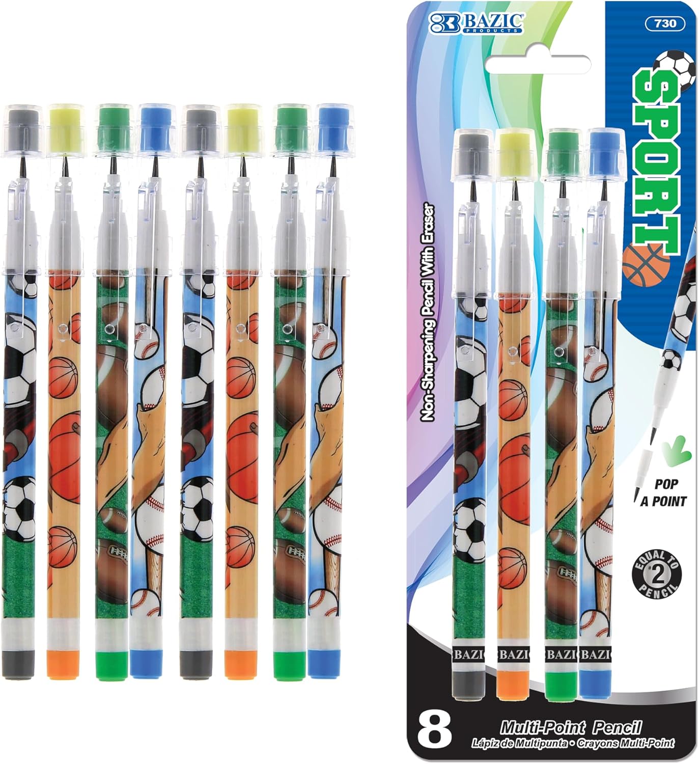 BAZIC PRODUCTS Multi Point Pencil Sport w/Latex Free Eraser, Non-Sharpening Multipoint Pencils Smooth Write for Drafting Drawing Sketching (8/Pack), 24-Packs