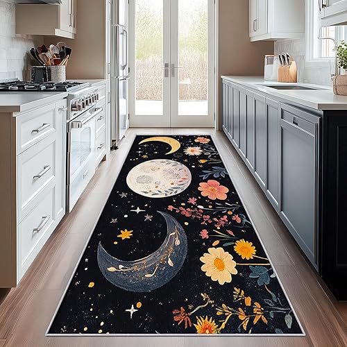 Miniatura 10 de Alfombra retro de los años 70 de 3 x 8 pulgadas, alfombra de pasillo vintage geométrica negra, blanca y naranja, antideslizante, lavable, alfombra