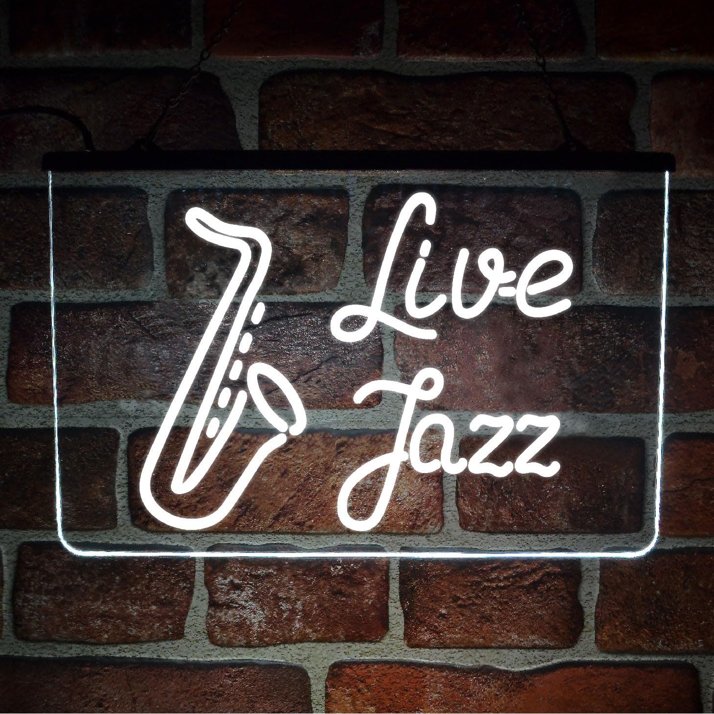 Live Jazz Music LED Neon Sign – Multicolour Sax Wall Light for Bar, Pub, Blues Club, Home Décor Studio – USB powered (White)