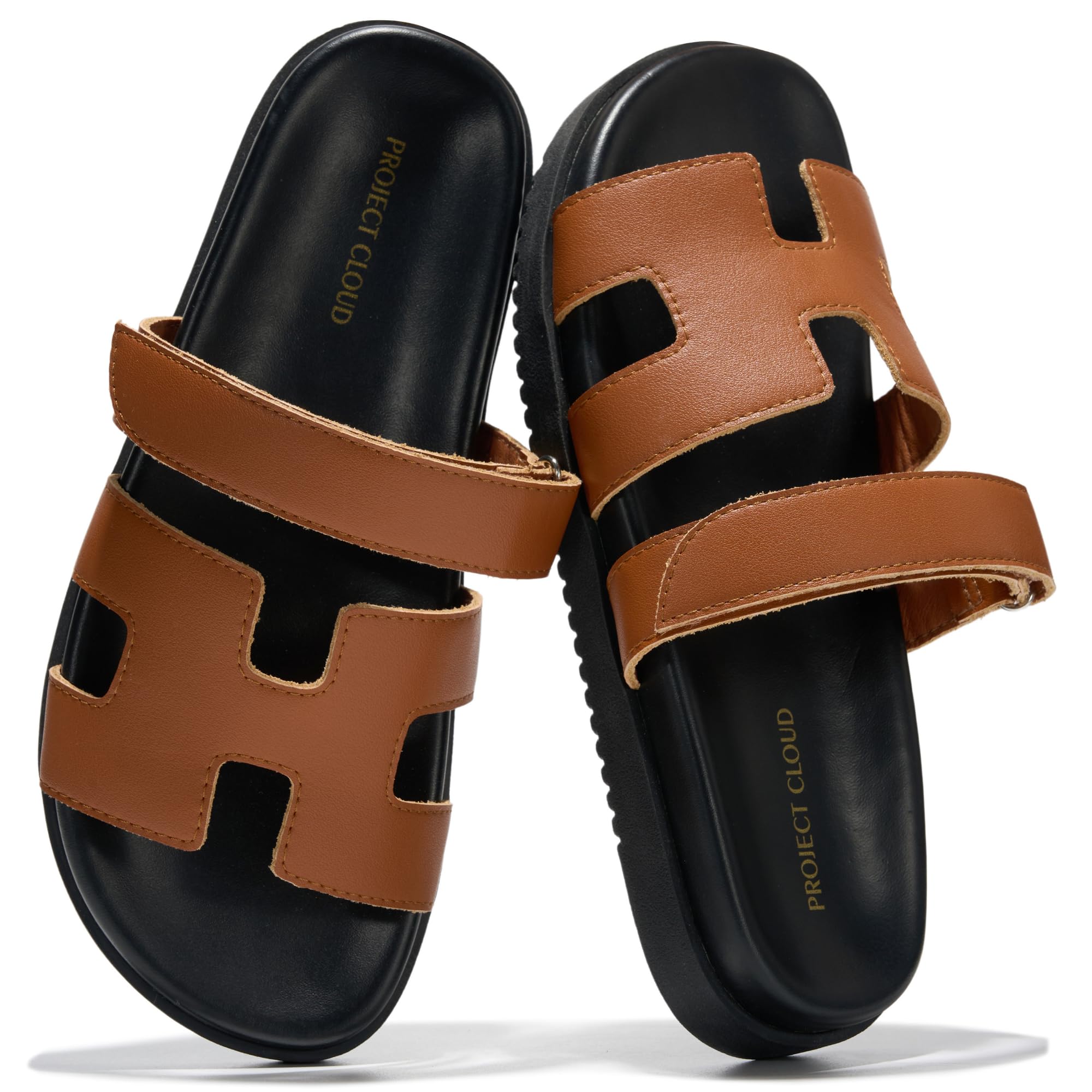 100% Genuine Leather Adjustable Slides for Women Flat Slip-On Sandals Women