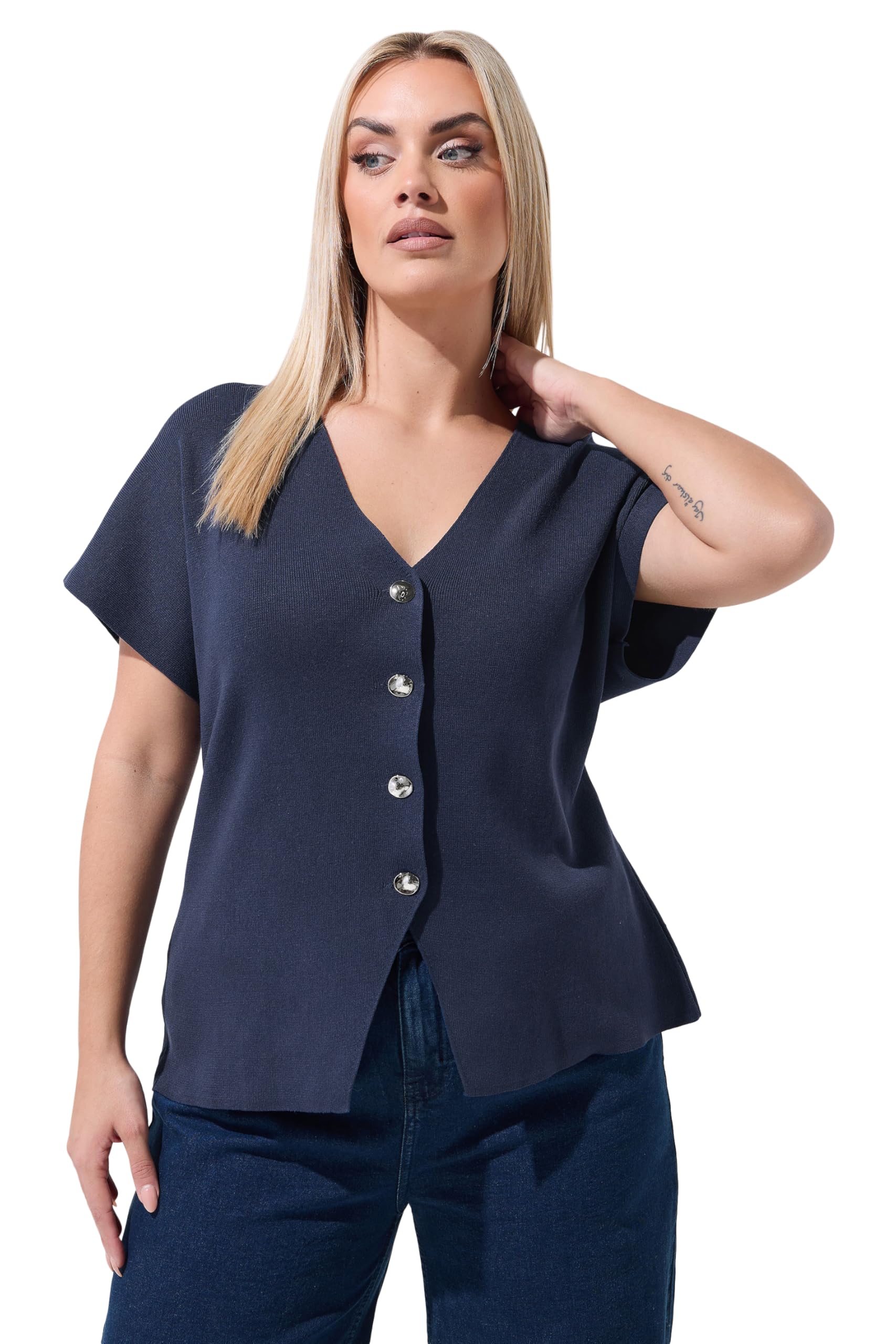 Yours Women's Dark Navy Short Sleeve Knitted Top In Size 26-28